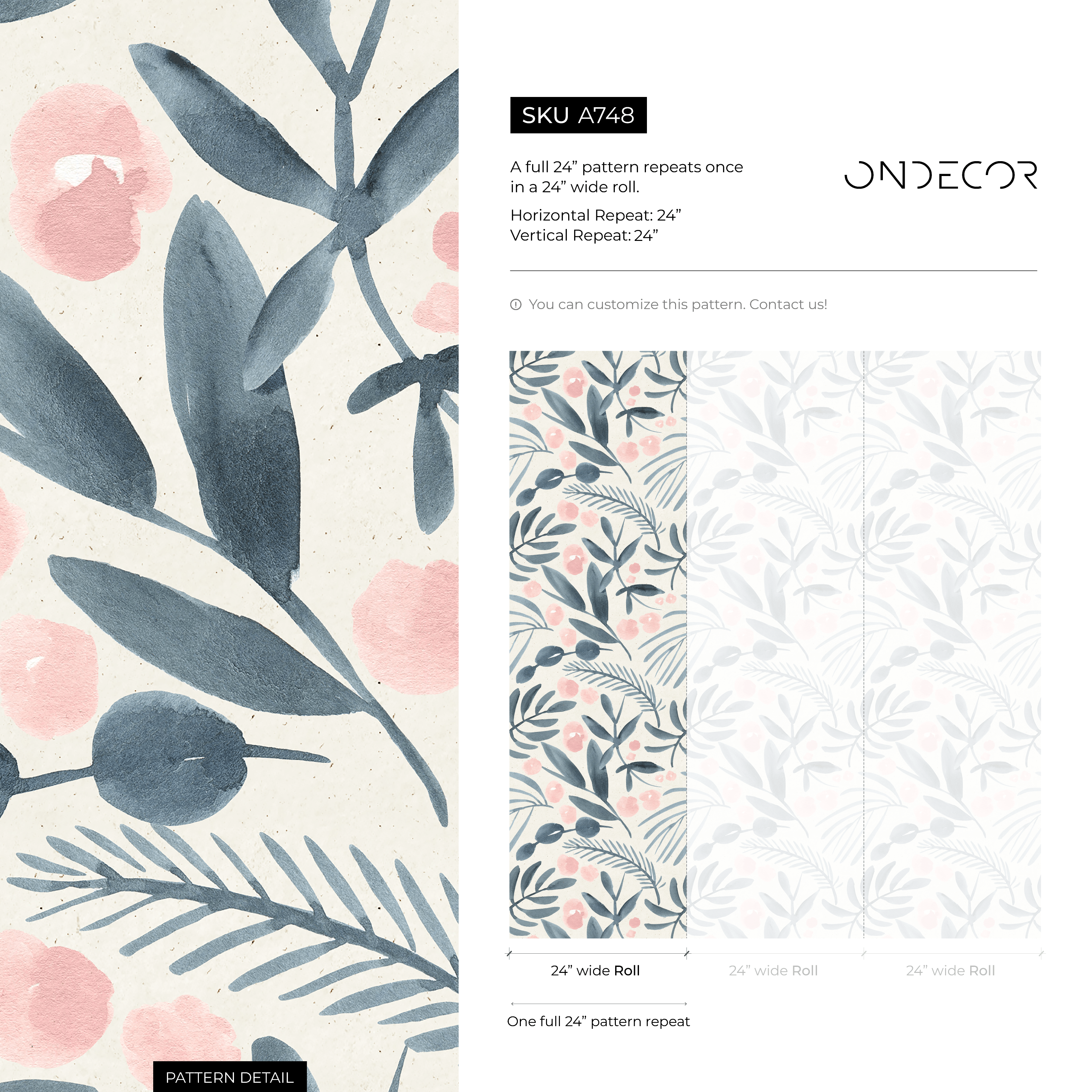 Scandinavian Wallpaper With Painted Leaves And Flowers In Blue And Pink - A748