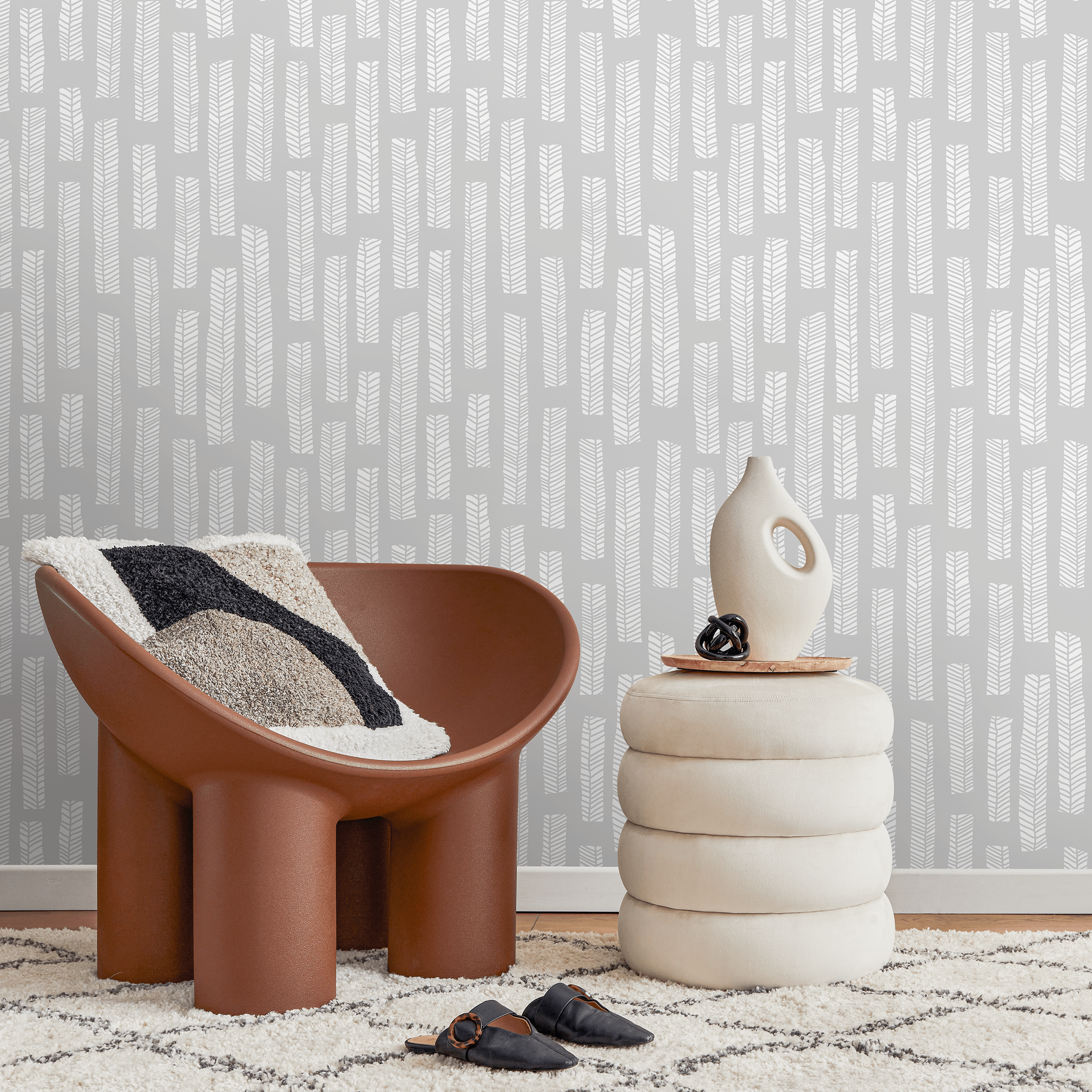 Scandinavian Wallpaper With A Herringbone Column Motif In Gray And White - A749