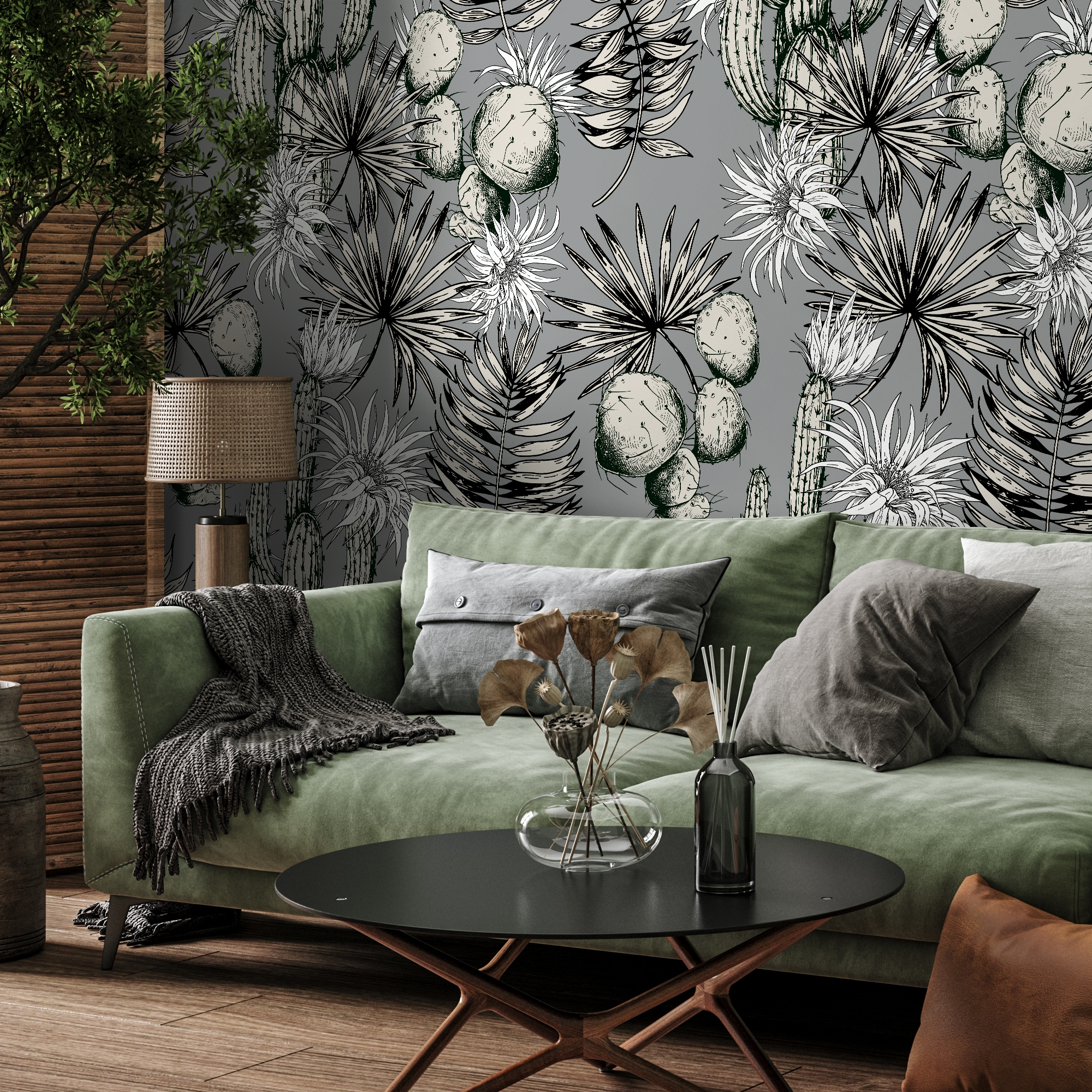 Botanical Wallpaper With A Vintage Cactus Illustration In Black, White, And Gray - A755