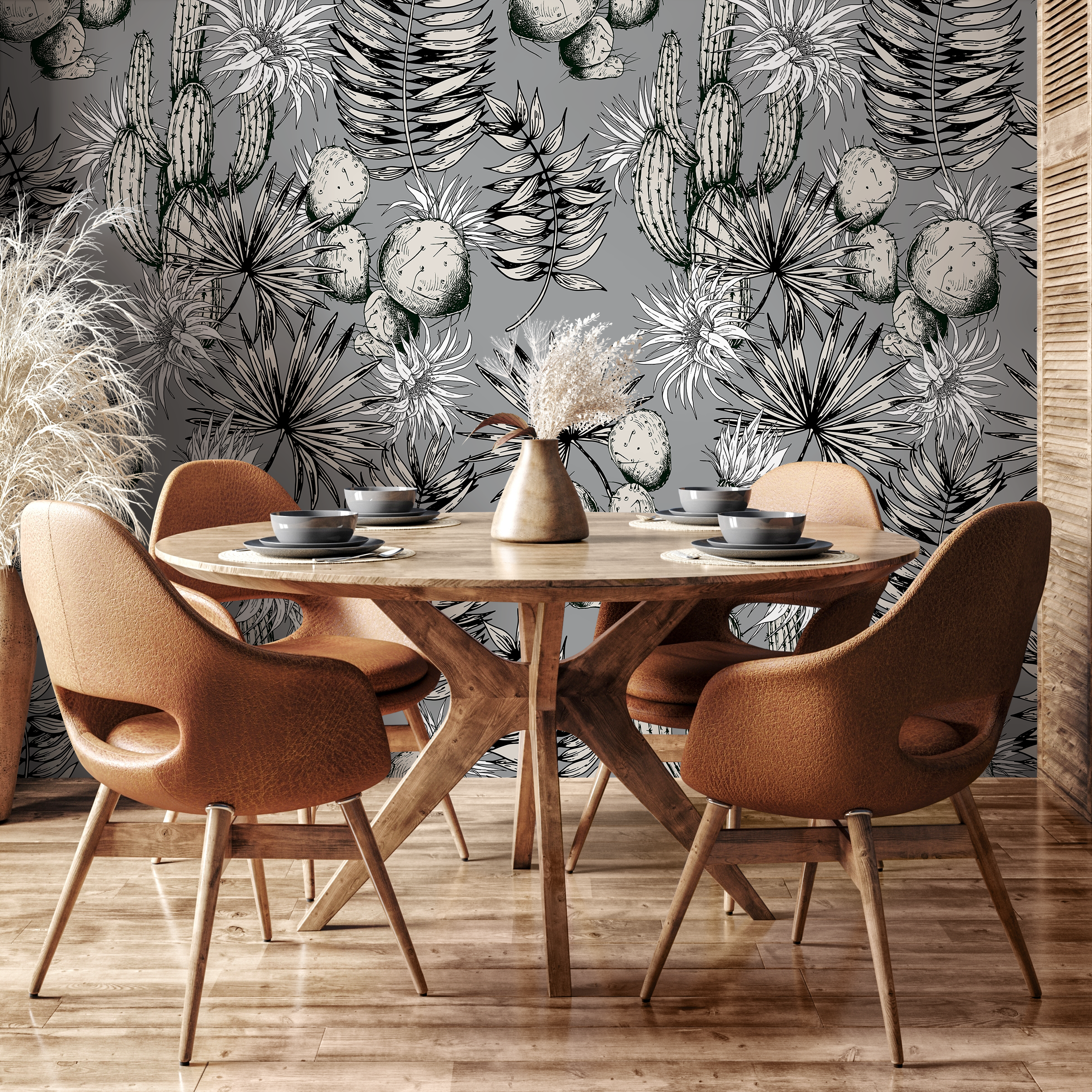 Botanical Wallpaper With A Vintage Cactus Illustration In Black, White, And Gray - A755