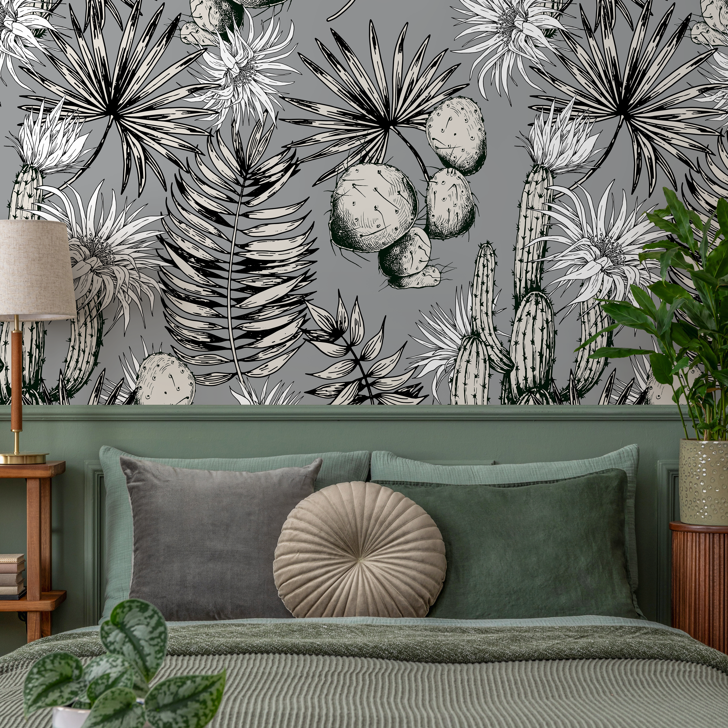 Botanical Wallpaper With A Vintage Cactus Illustration In Black, White, And Gray - A755