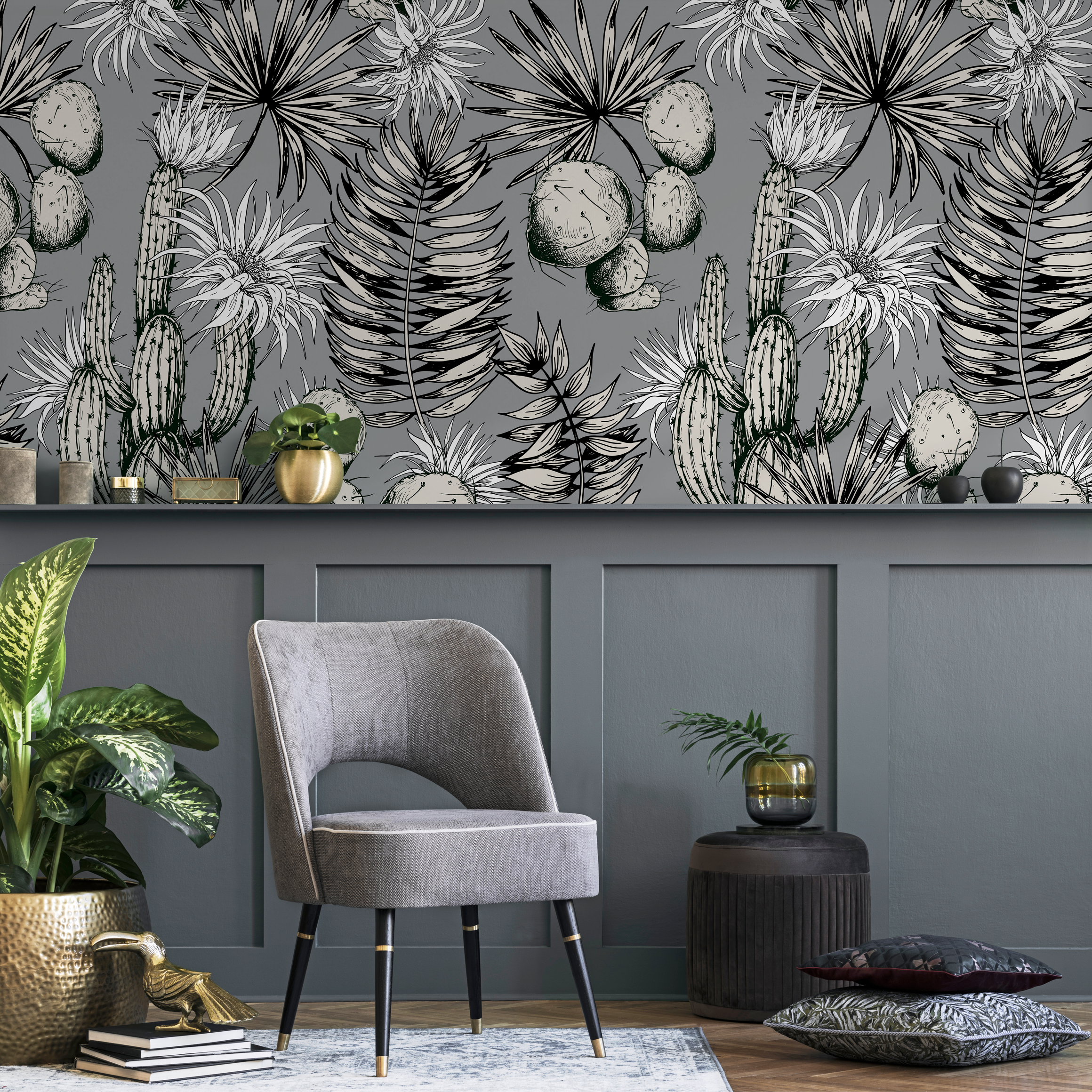 Botanical Wallpaper With A Vintage Cactus Illustration In Black, White, And Gray - A755