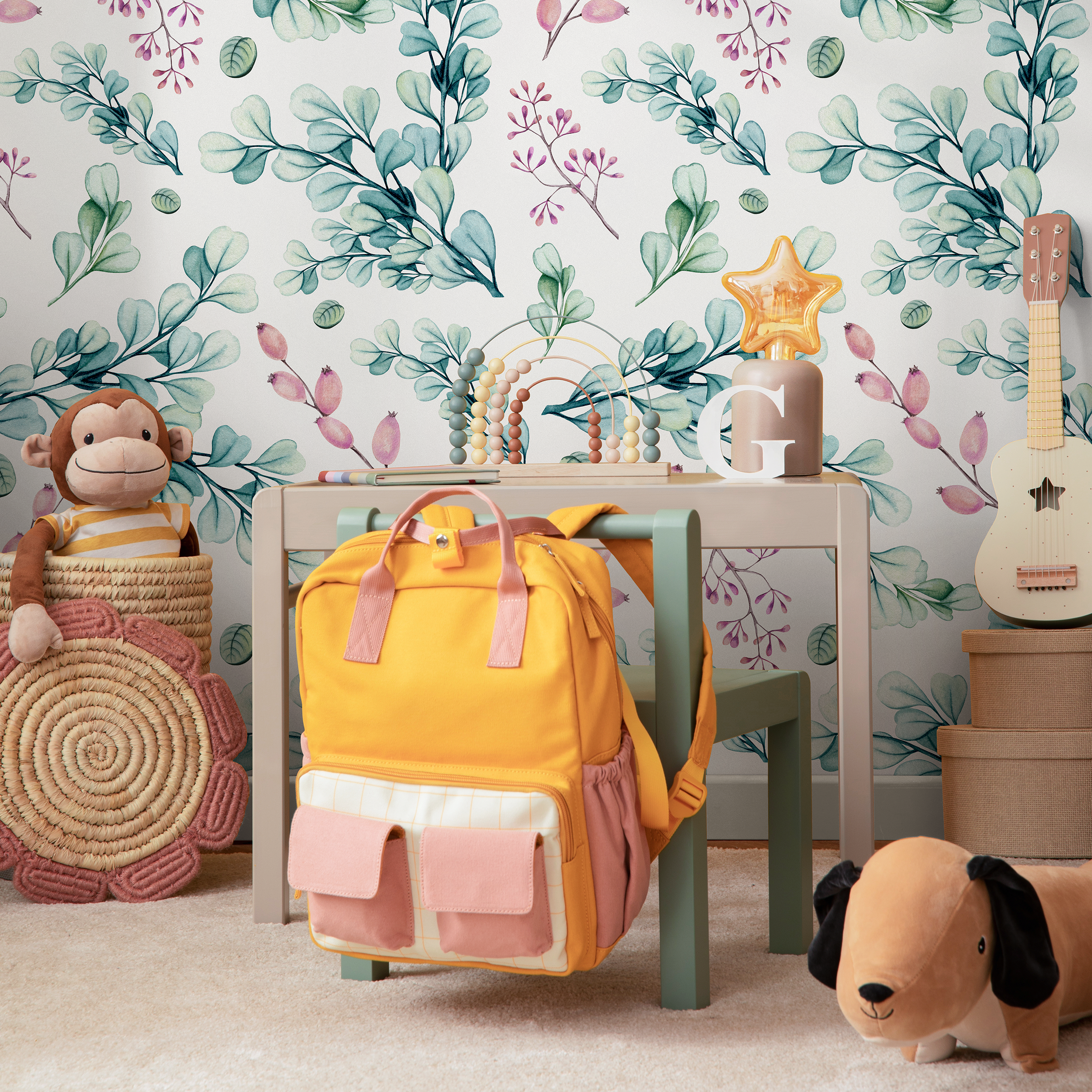 Botanical Wallpaper Featuring Watercolor Eucalyptus Leaves In Green And Pink - A758