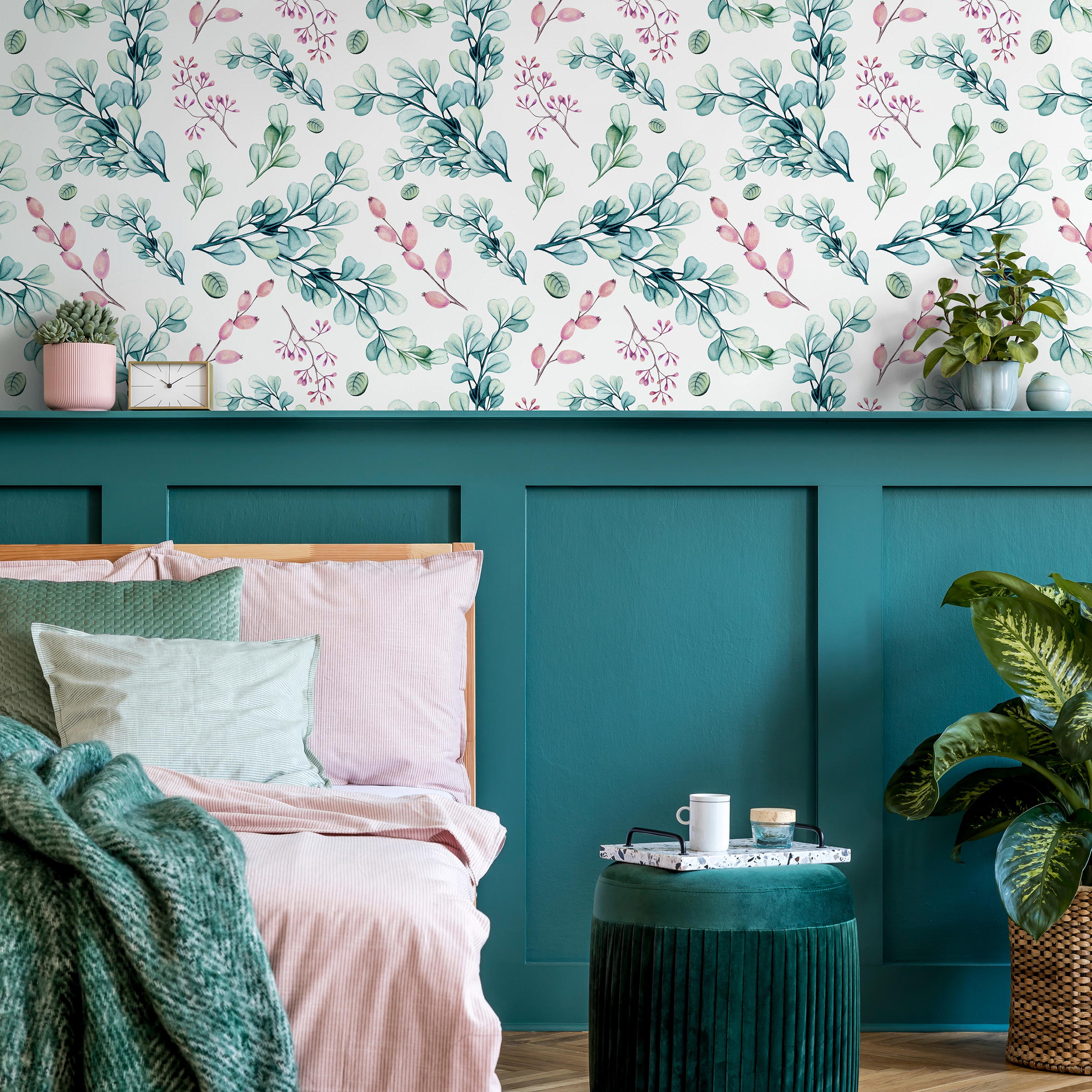 Botanical Wallpaper Featuring Watercolor Eucalyptus Leaves In Green And Pink - A758