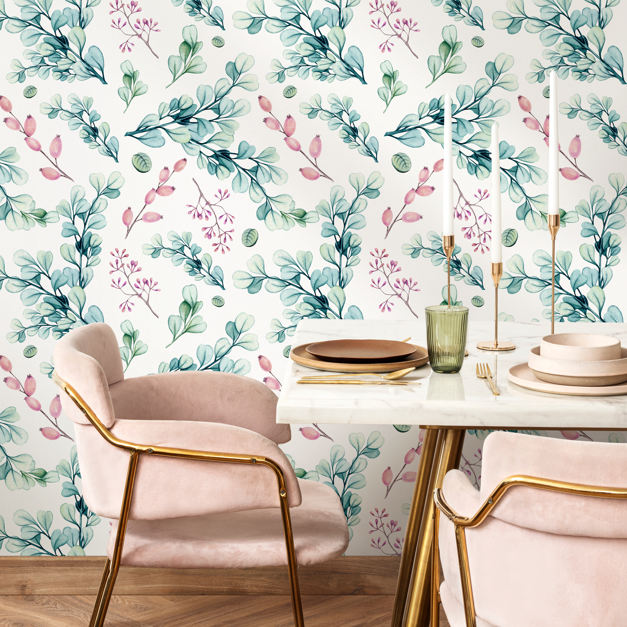 Botanical Wallpaper Featuring Watercolor Eucalyptus Leaves In Green And Pink - A758