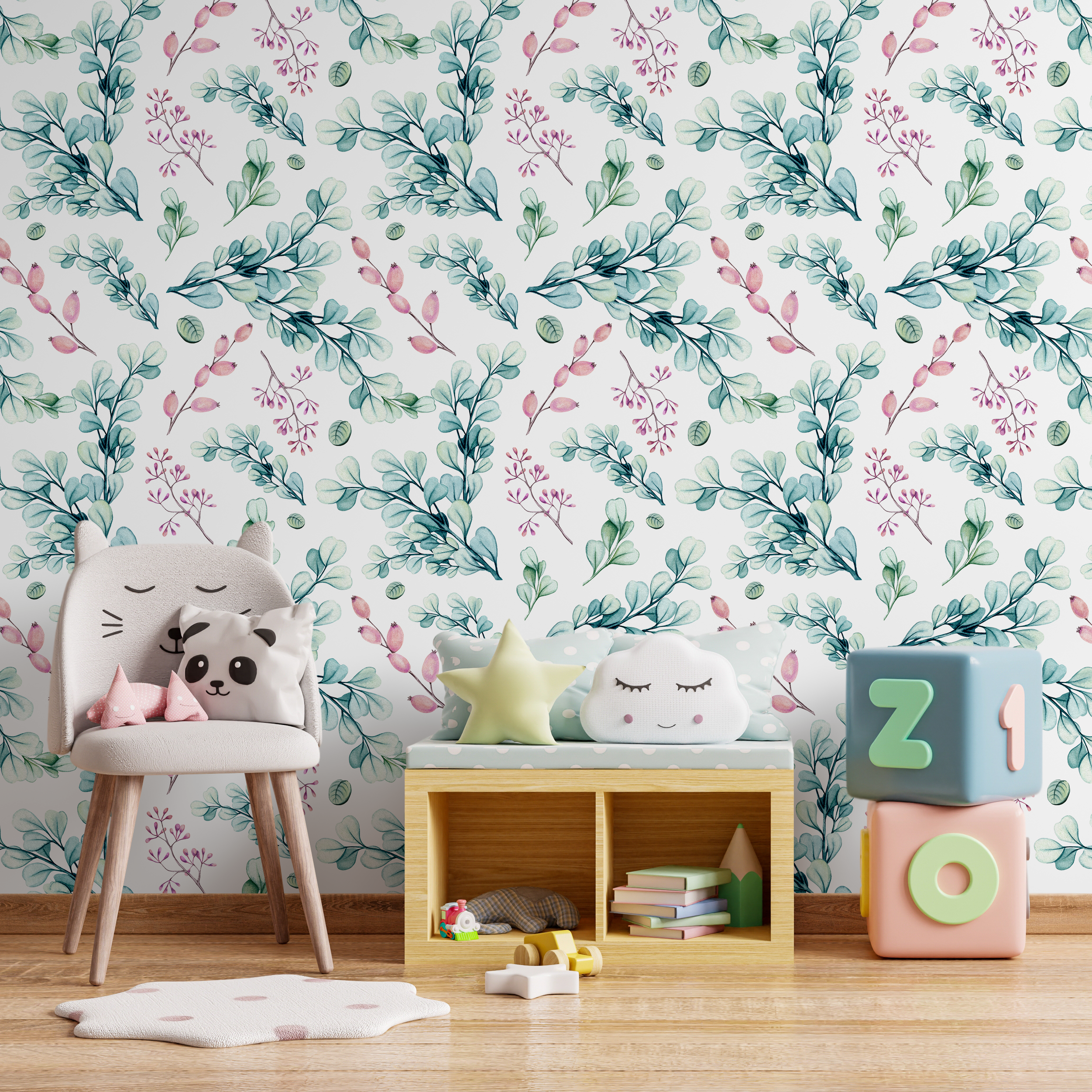 Botanical Wallpaper Featuring Watercolor Eucalyptus Leaves In Green And Pink - A758