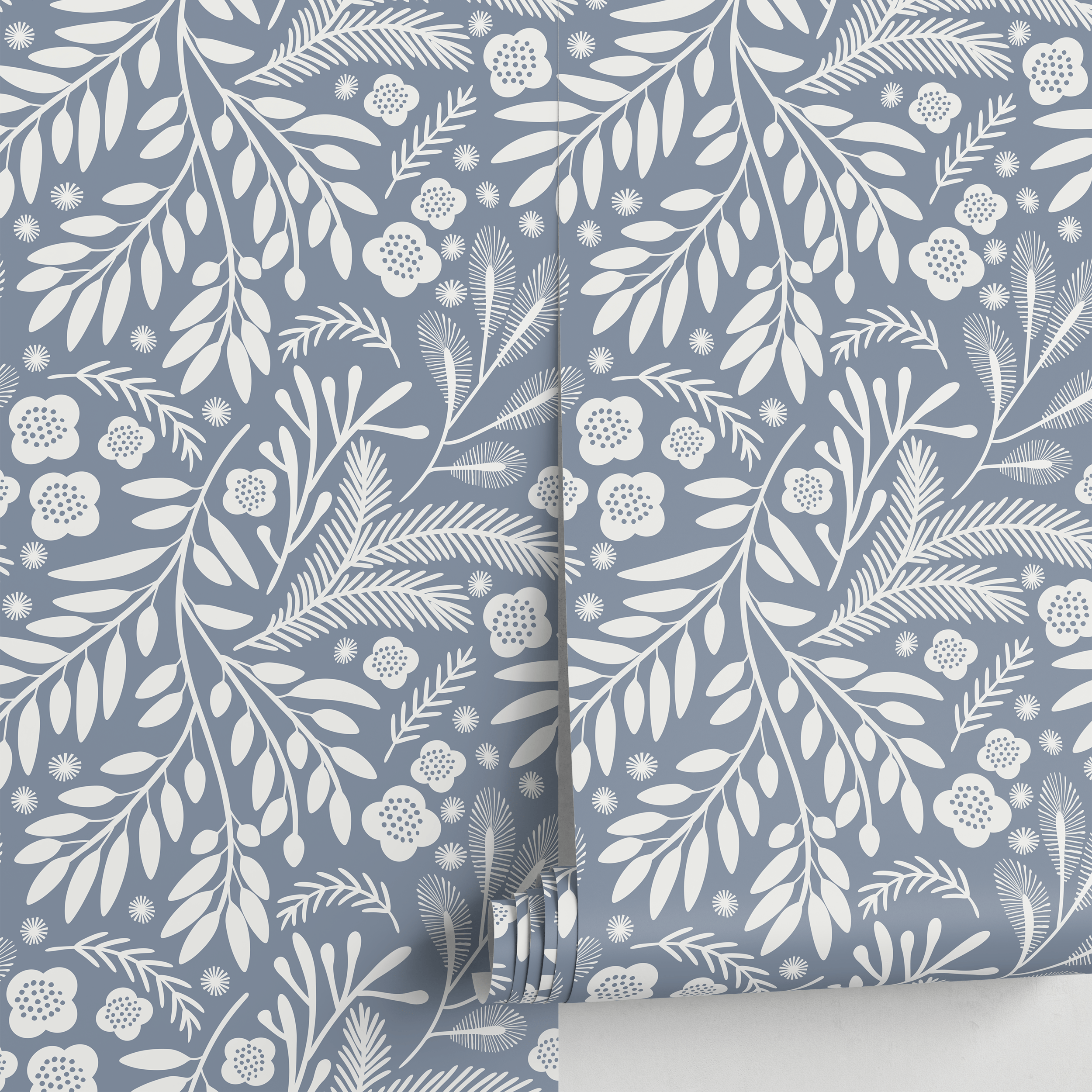 Scandinavian Wallpaper With Stylized Leaves And Blooms In Blue And White - A760
