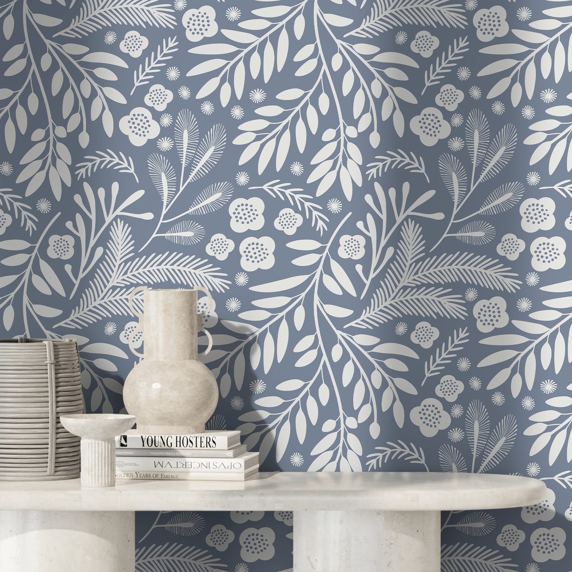 Scandinavian Wallpaper With Stylized Leaves And Blooms In Blue And White - A760