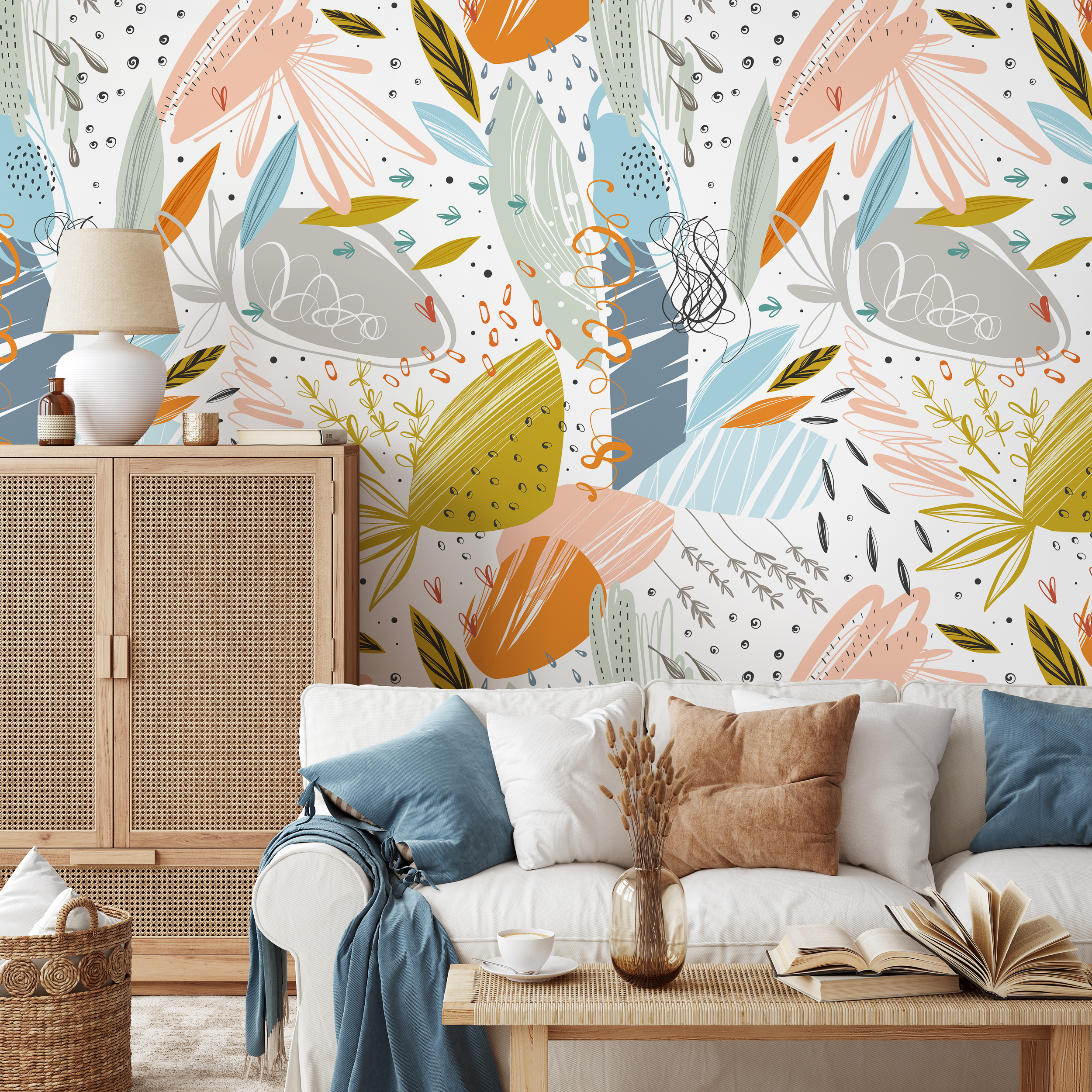 Scandinavian Wallpaper With An Abstract Botanical Collage In Orange, Blue, And Pink - A778