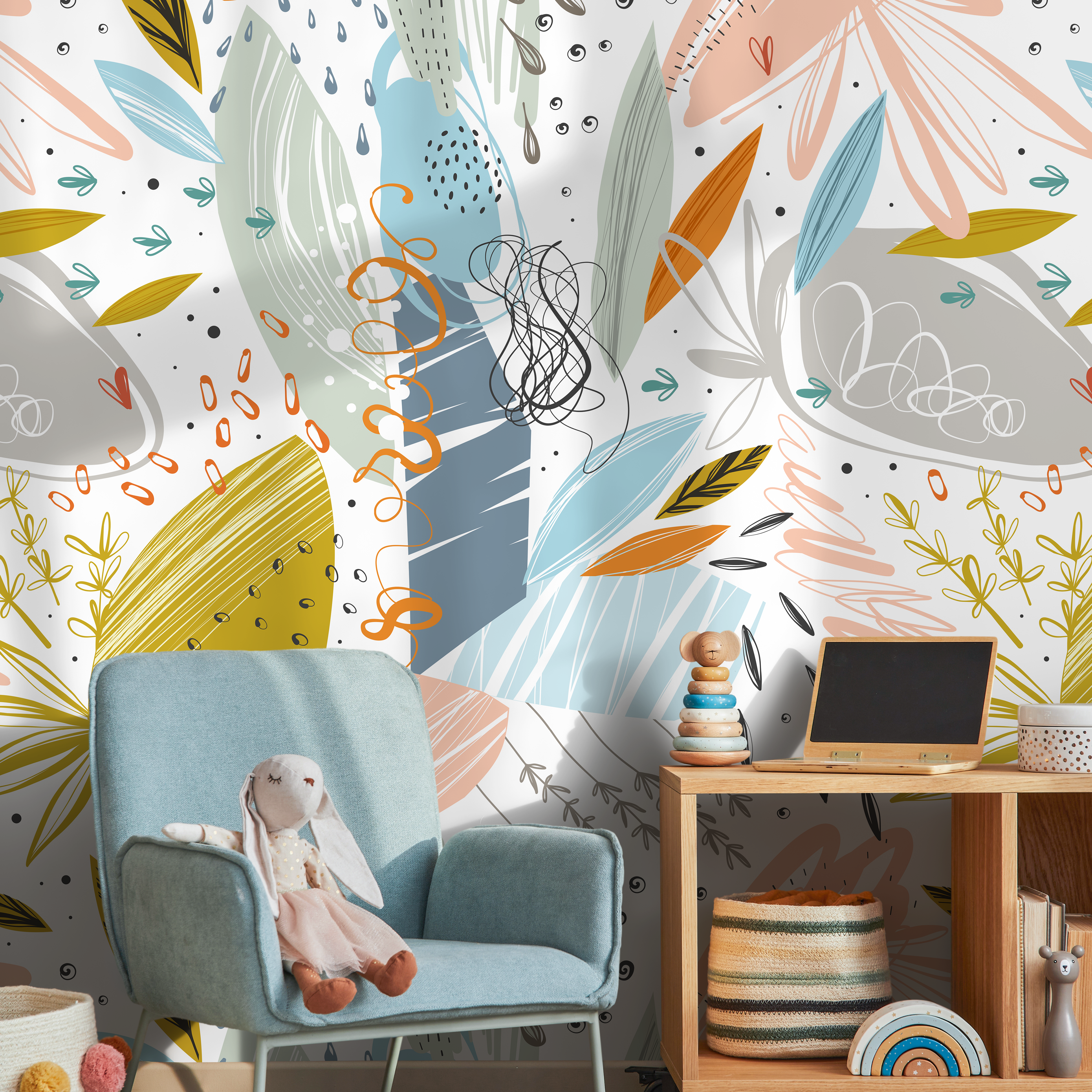 Scandinavian Wallpaper With An Abstract Botanical Collage In Orange, Blue, And Pink - A778