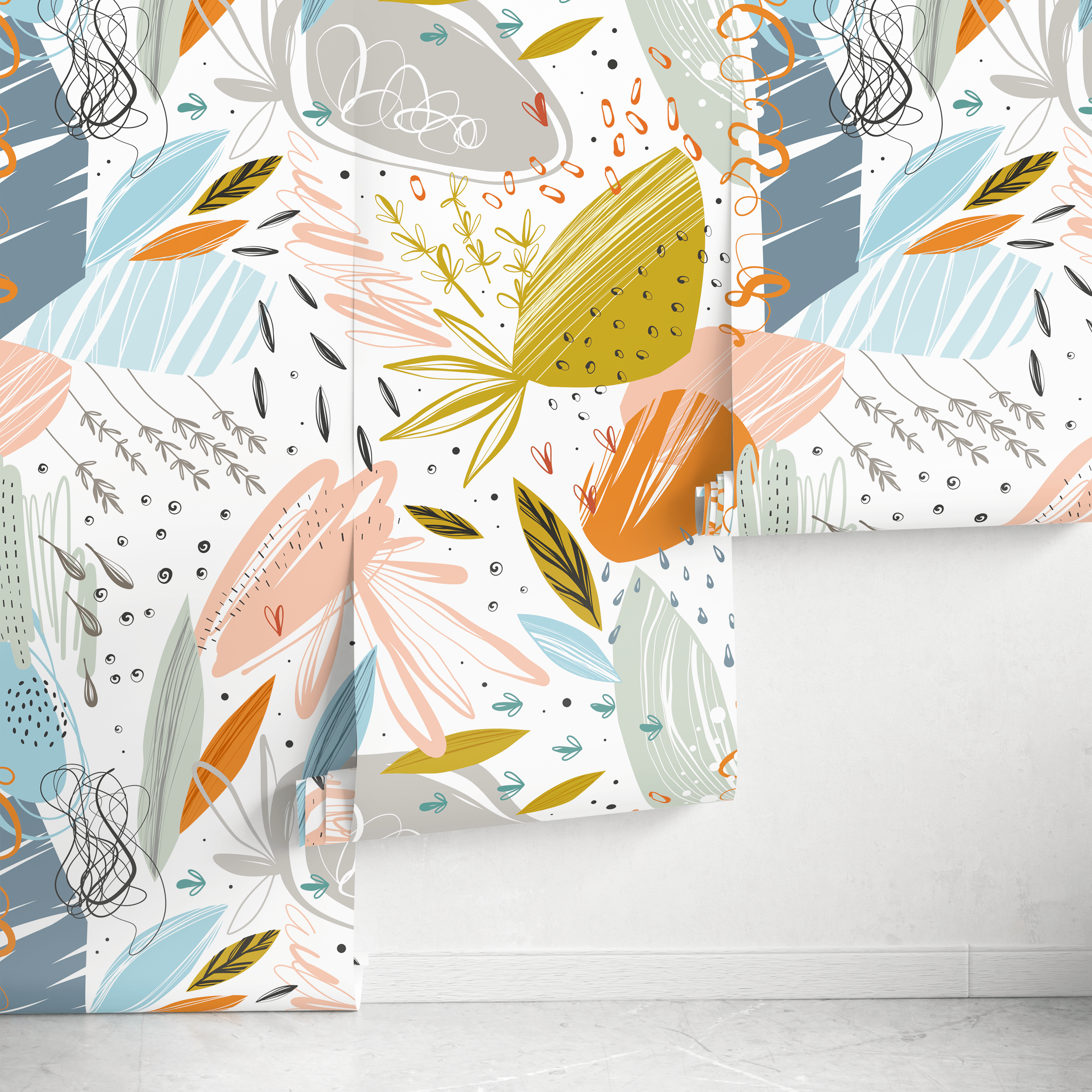 Scandinavian Wallpaper With An Abstract Botanical Collage In Orange, Blue, And Pink - A778