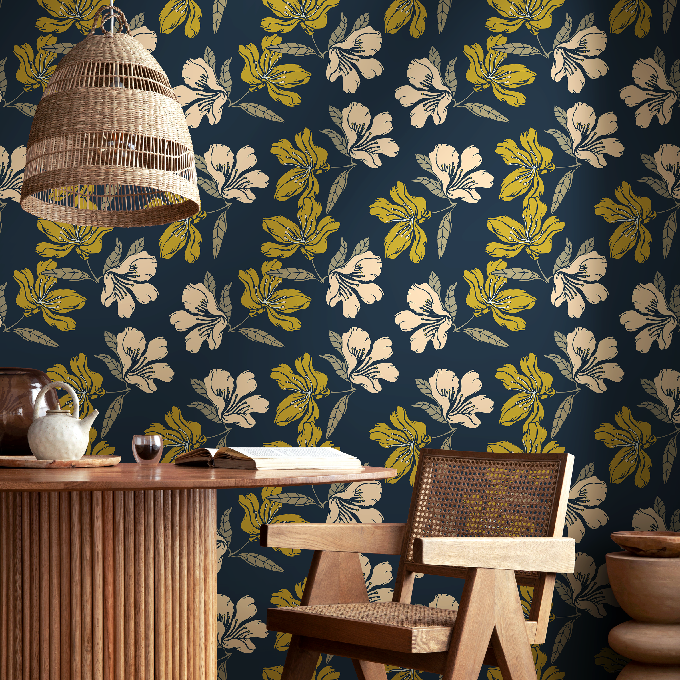 Floral Wallpaper With Stylized Blooms In Blue, Green, And Beige - A783