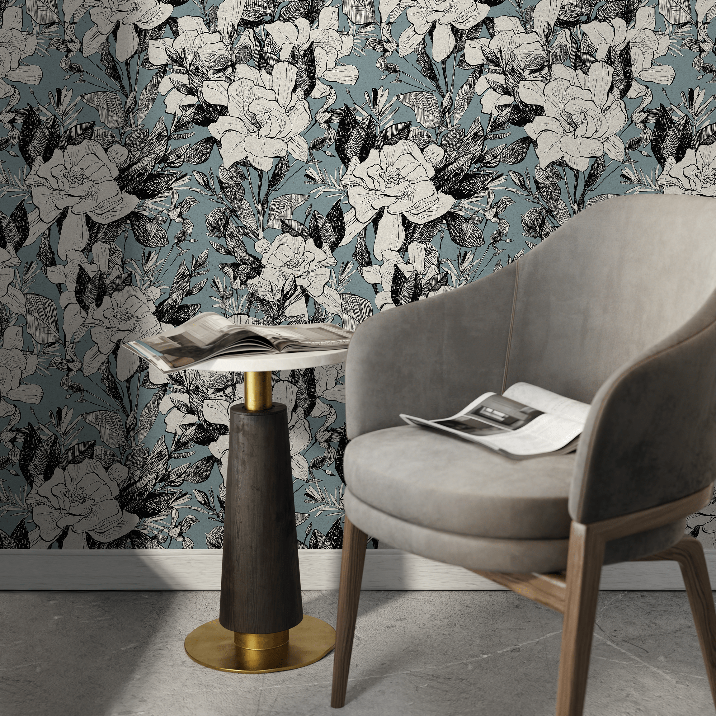 Floral Wallpaper With Sketched Gardenias In Blue, Black, And White - A786