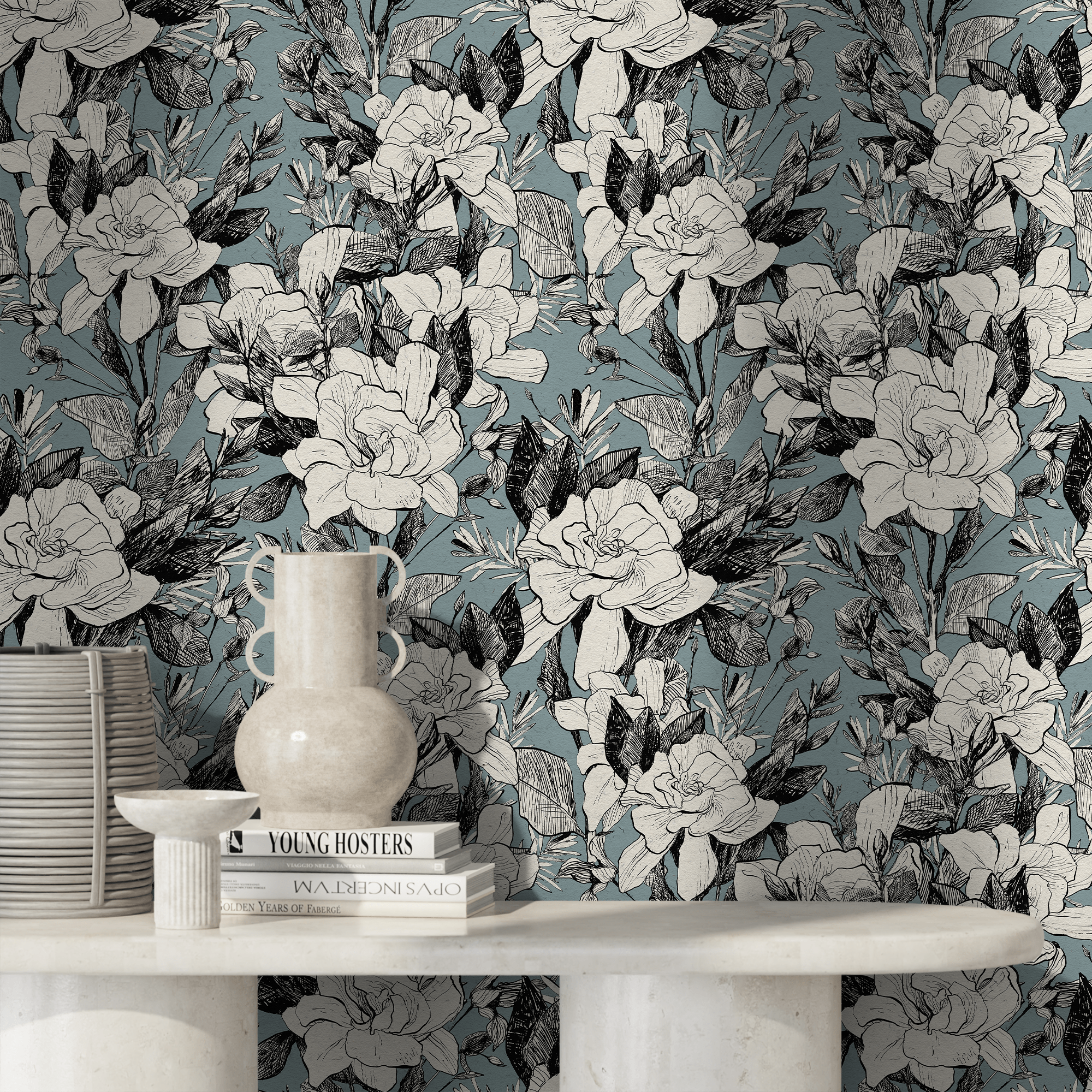 Floral Wallpaper With Sketched Gardenias In Blue, Black, And White - A786