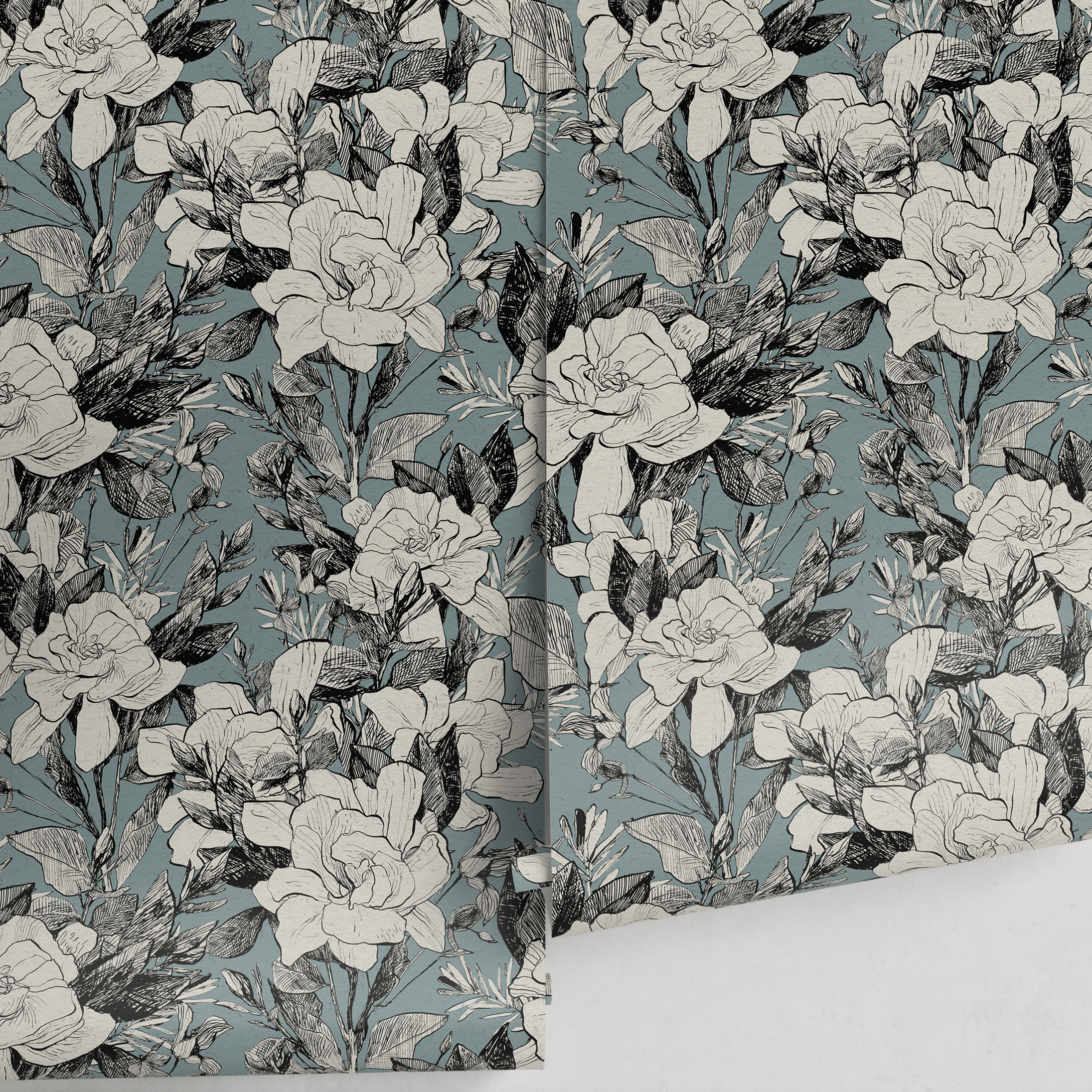 Floral Wallpaper With Sketched Gardenias In Blue, Black, And White - A786