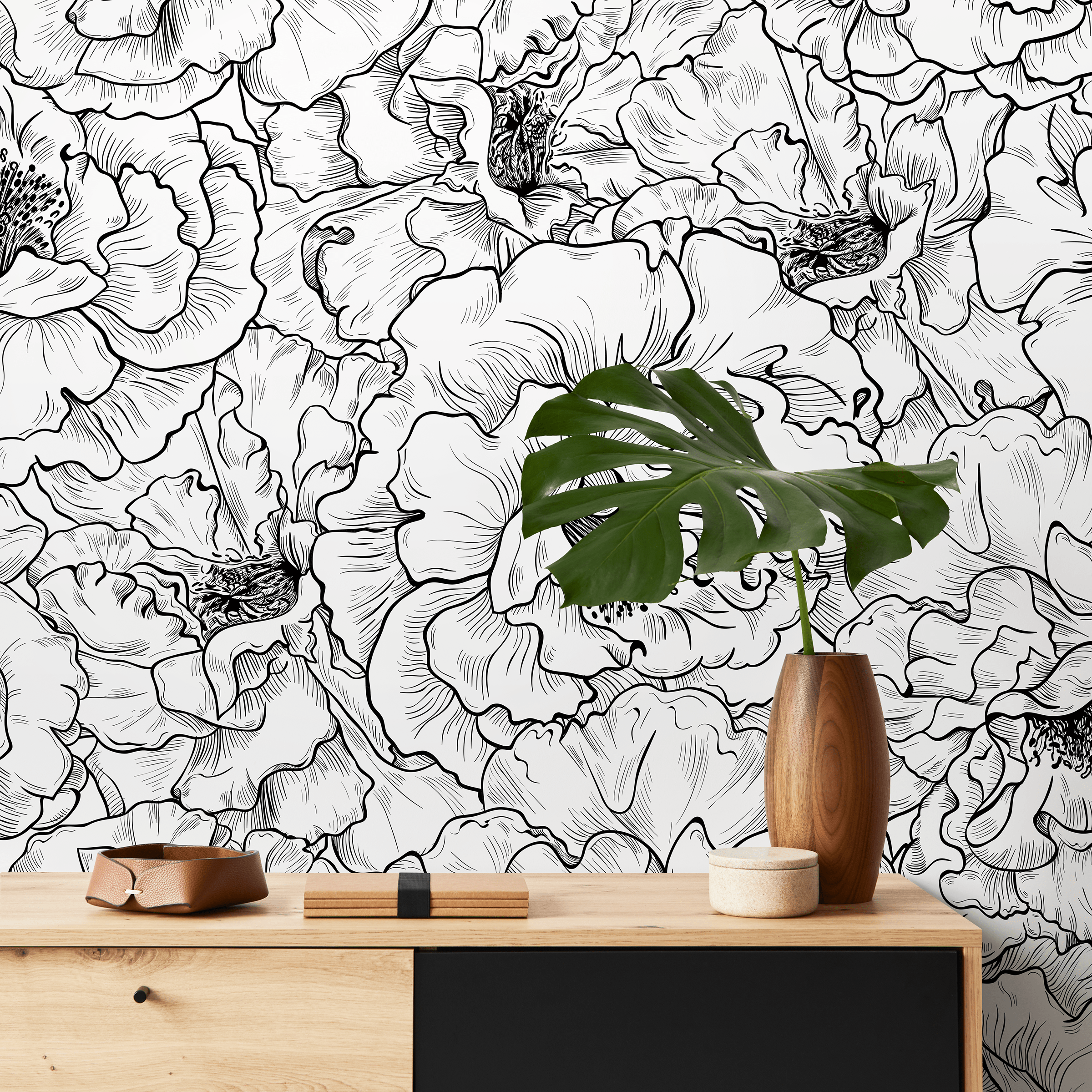 Floral Wallpaper With Hand-drawn Peonies In Black And White - A788