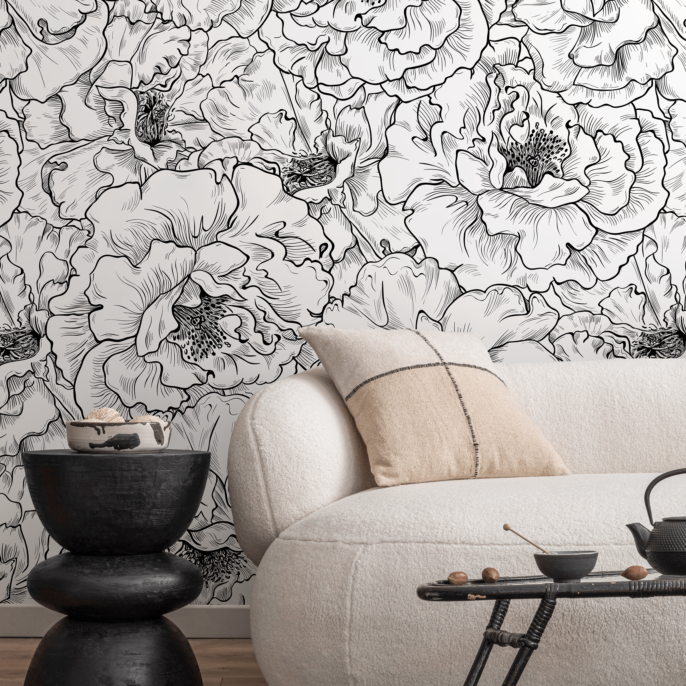 Floral Wallpaper With Hand-drawn Peonies In Black And White - A788