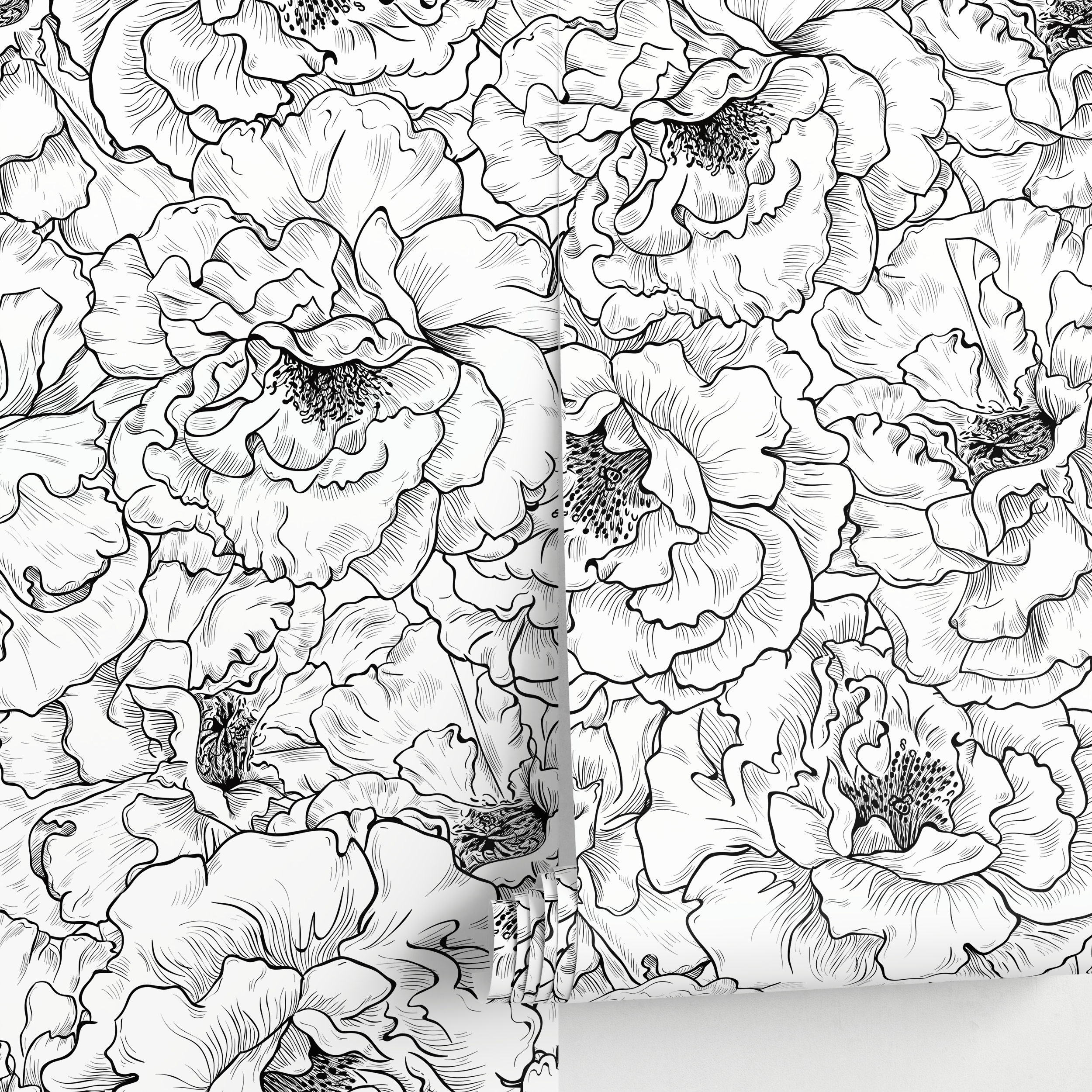 Floral Wallpaper With Hand-drawn Peonies In Black And White - A788