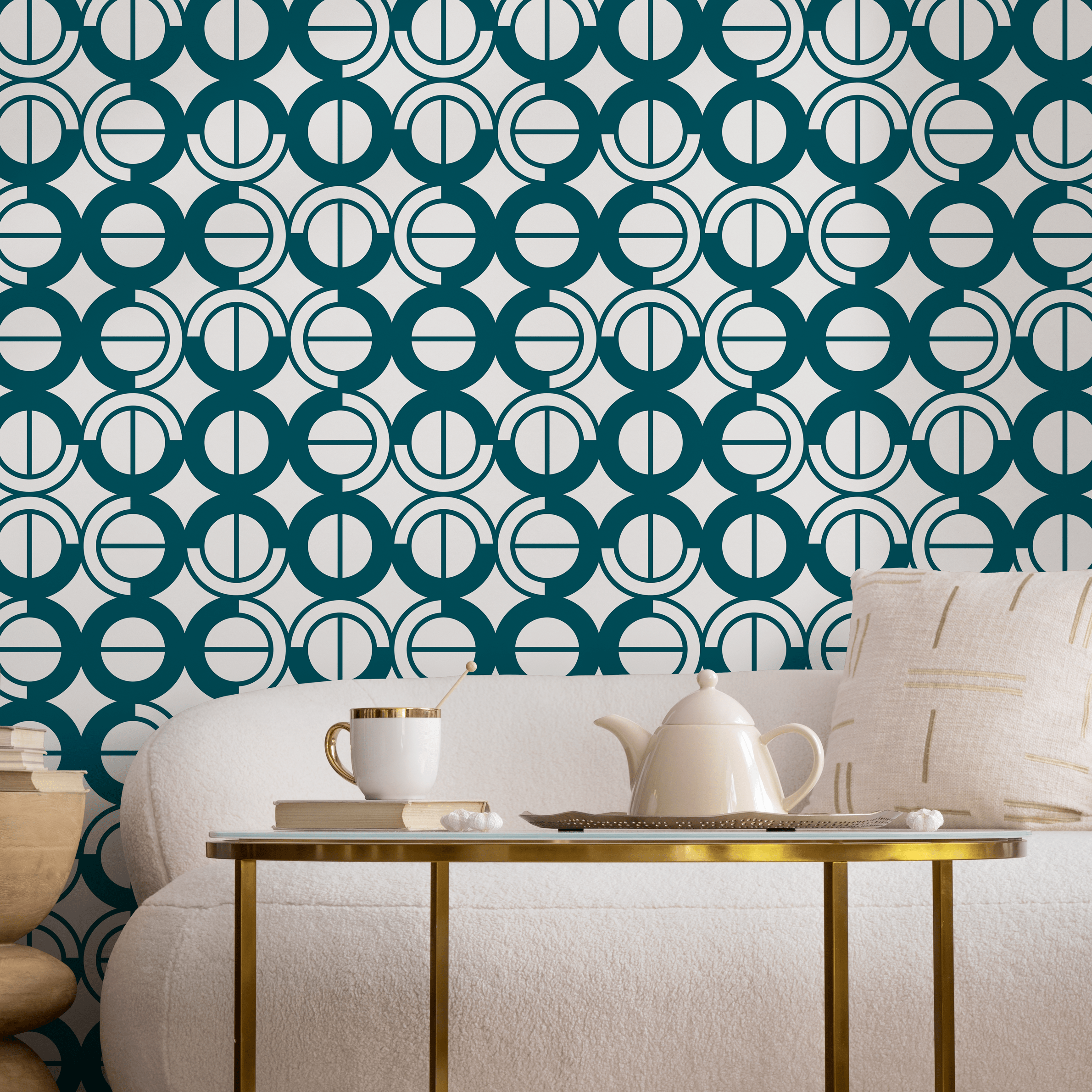 Art Deco Wallpaper With A Geometric Circle Motif In Teal And White - A795