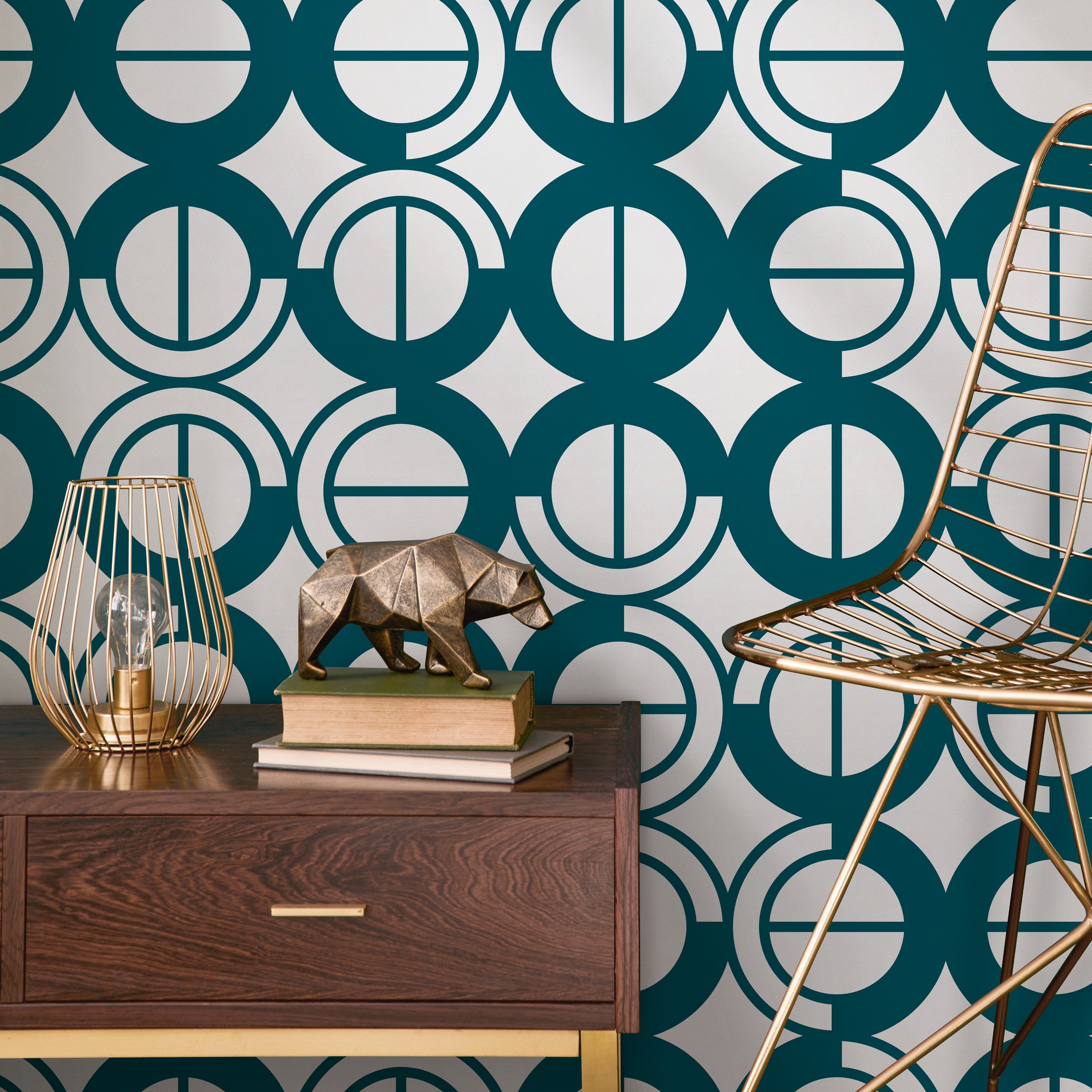 Art Deco Wallpaper With A Geometric Circle Motif In Teal And White - A795