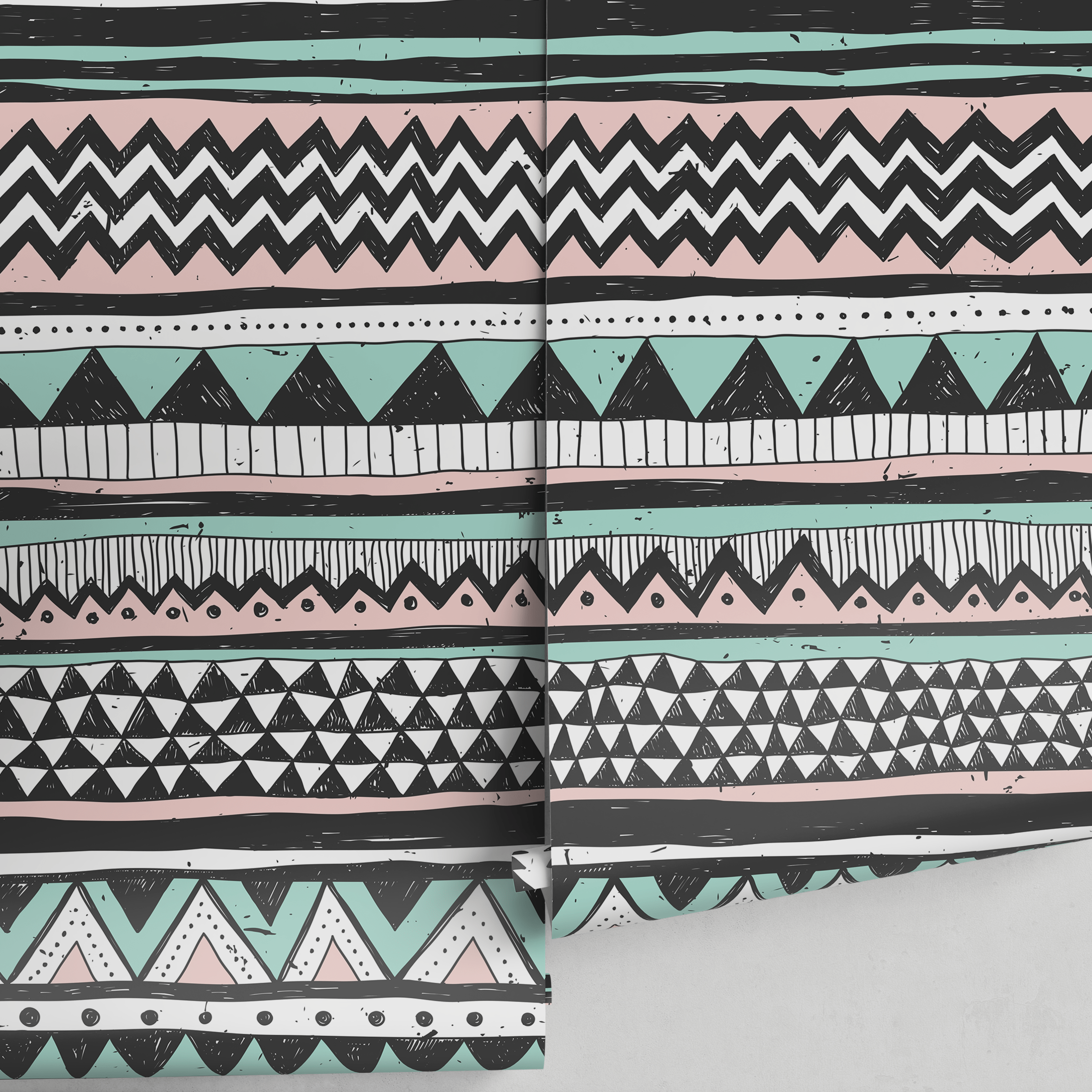 Tribal Wallpaper With Hand-drawn Scandi Stripes In Black, Pink, And Mint Green - A819