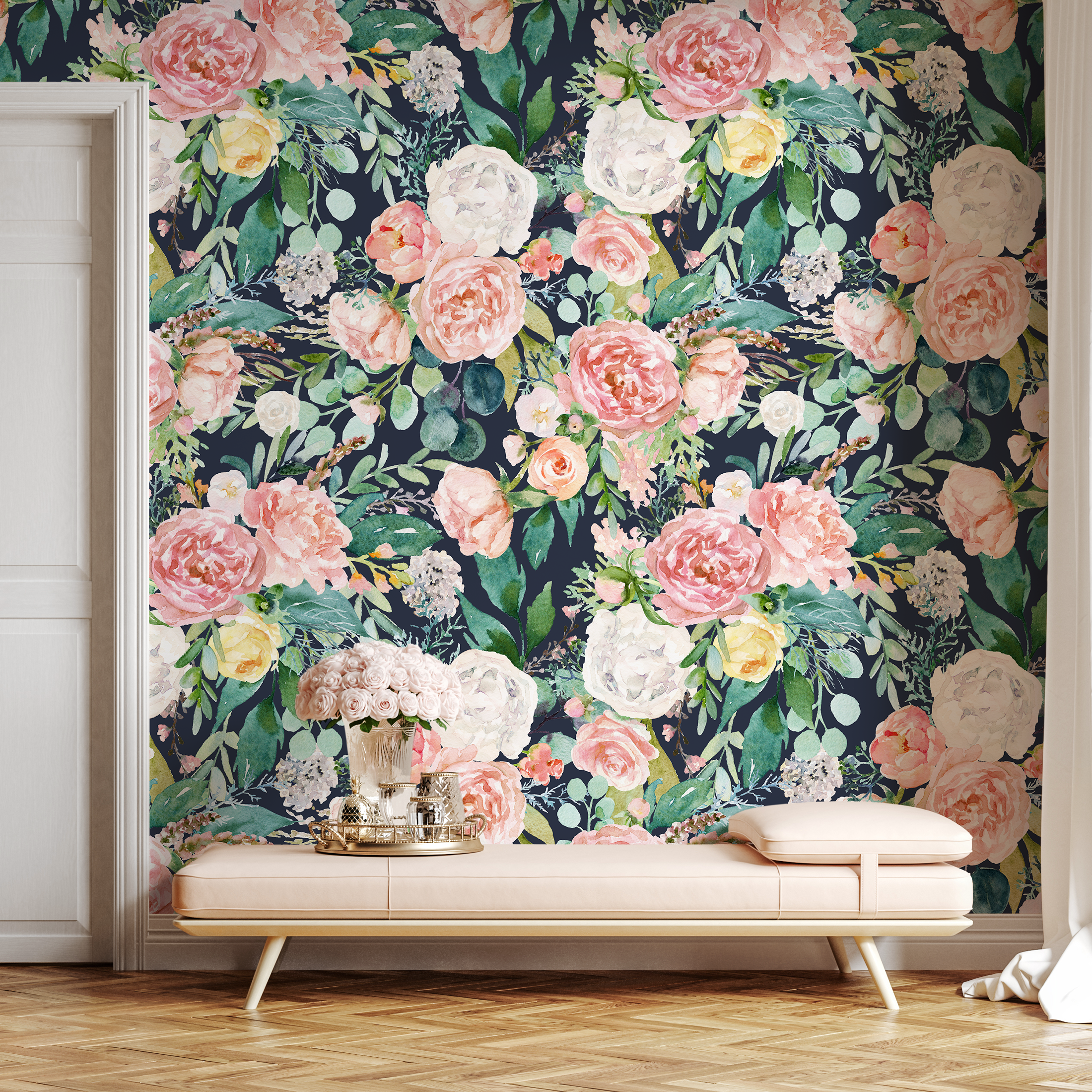 Floral Wallpaper Featuring Watercolor Peonies In Pink, Green, And Yellow - A827