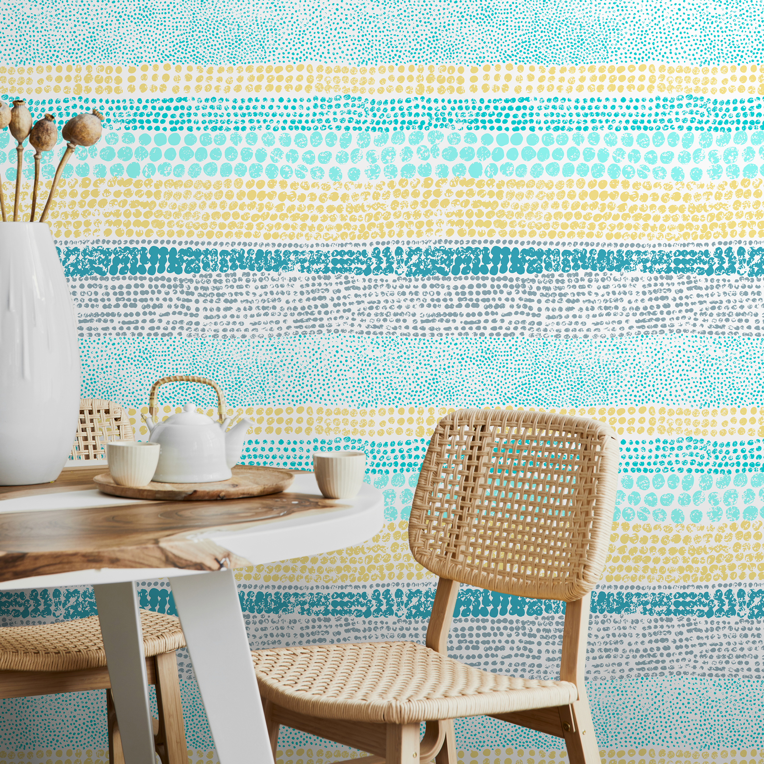 Scandinavian Wallpaper With A Striped Dot Motif In Blue, Yellow, And Gray - A830