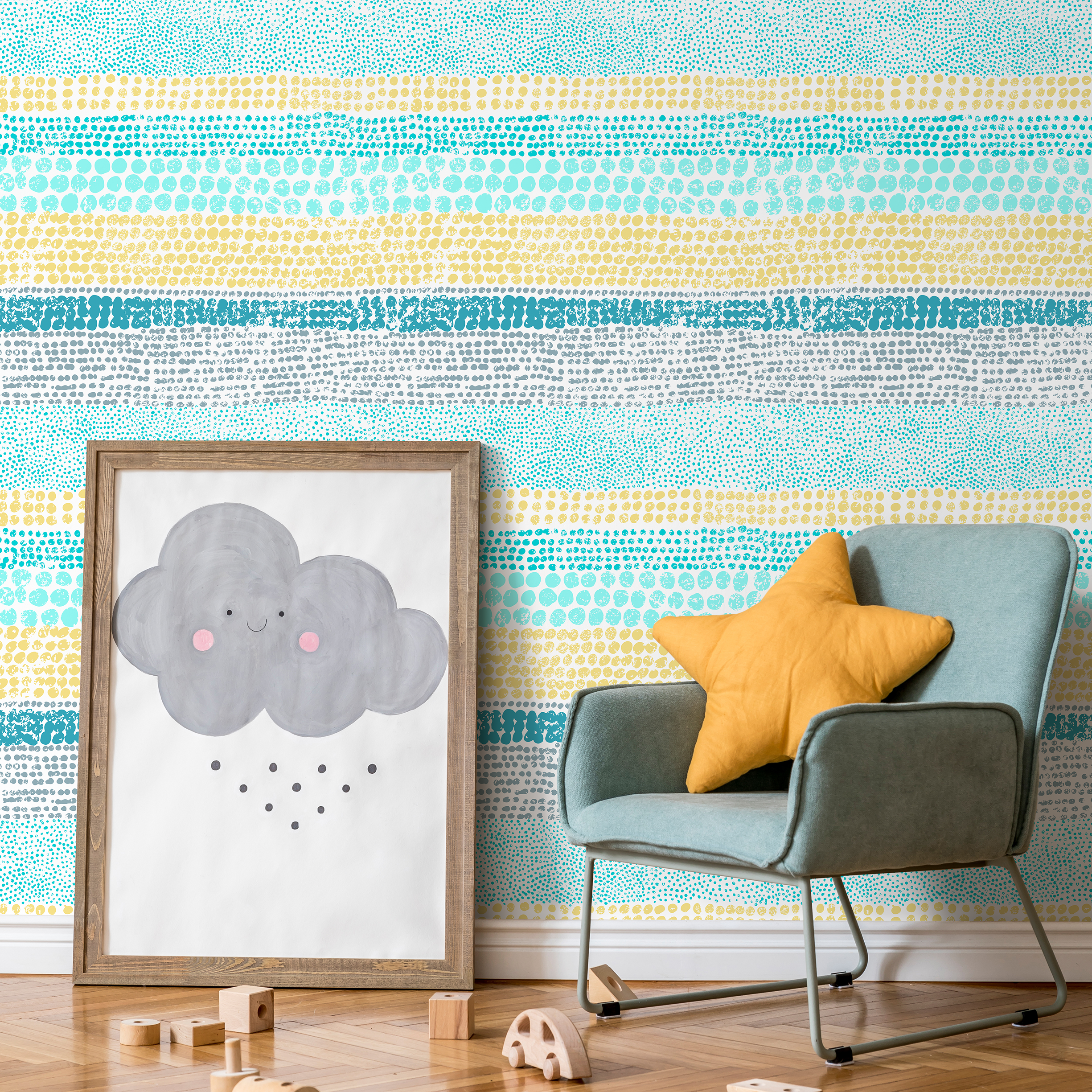 Scandinavian Wallpaper With A Striped Dot Motif In Blue, Yellow, And Gray - A830
