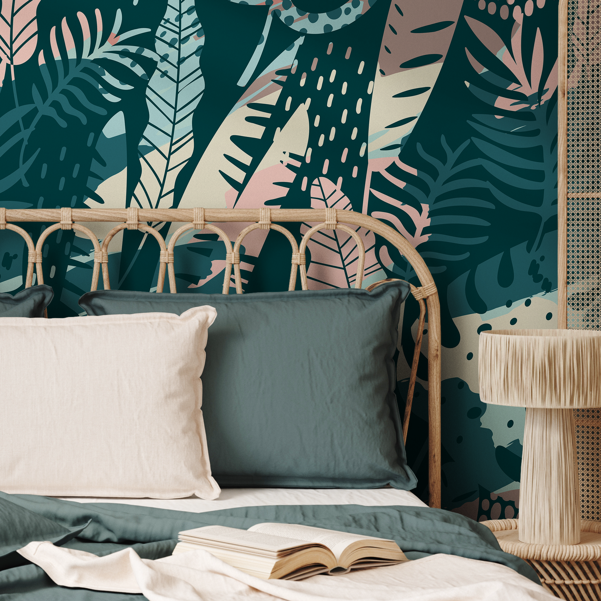 Abstract Jungle Wallpaper With Stylized Leaves In Teal, Pink, And Beige - A832