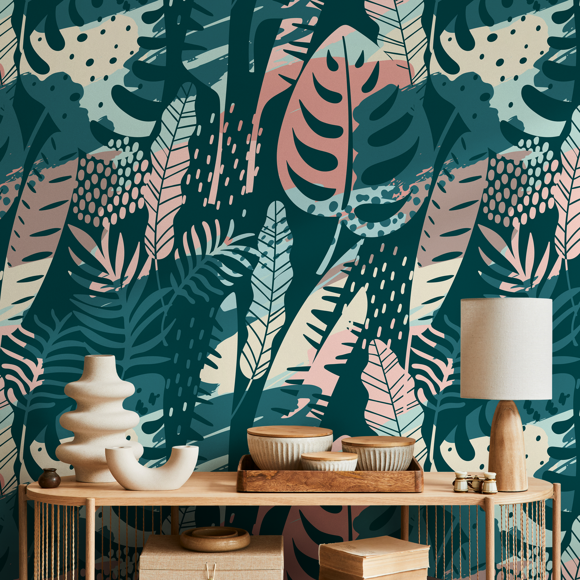 Abstract Jungle Wallpaper With Stylized Leaves In Teal, Pink, And Beige - A832