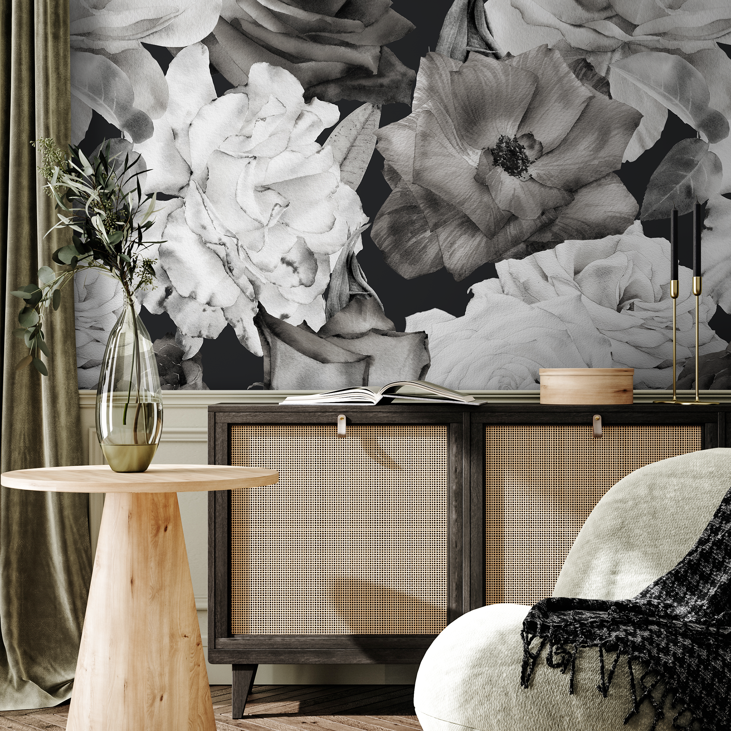 Floral Wallpaper Featuring Moody Vintage Roses In Black And White - A838