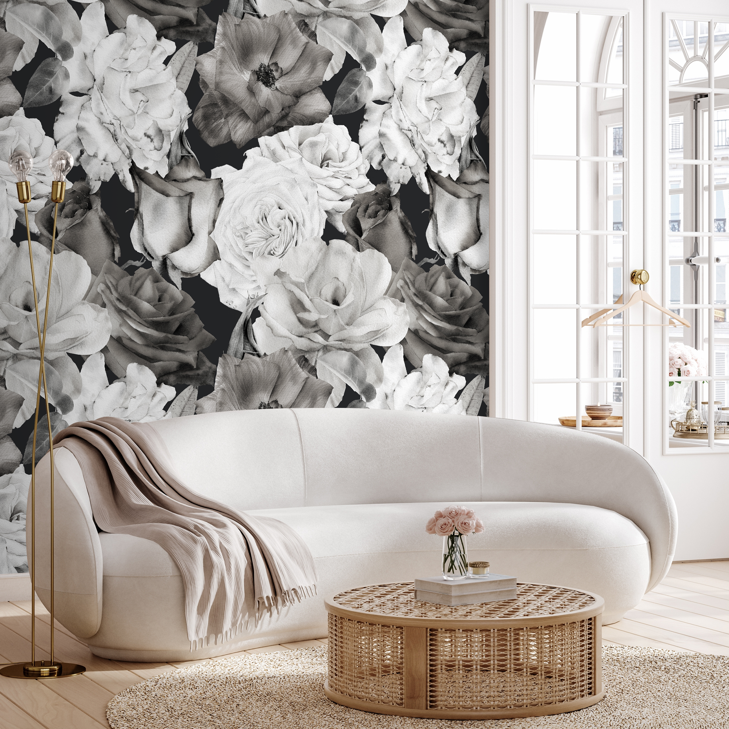 Floral Wallpaper Featuring Moody Vintage Roses In Black And White - A838