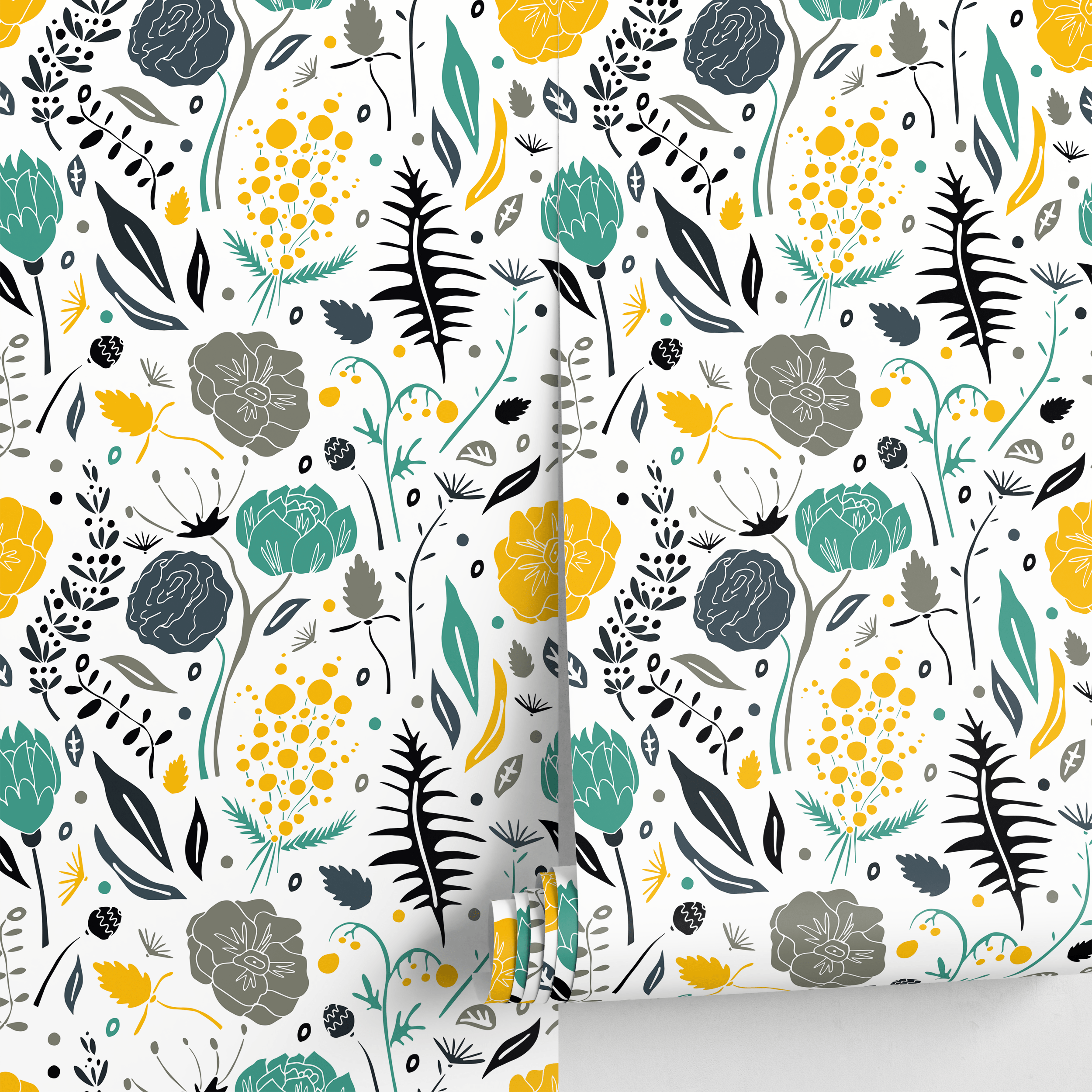 Scandinavian Wallpaper With Stylized Flowers In Yellow, Teal, And Gray - A861