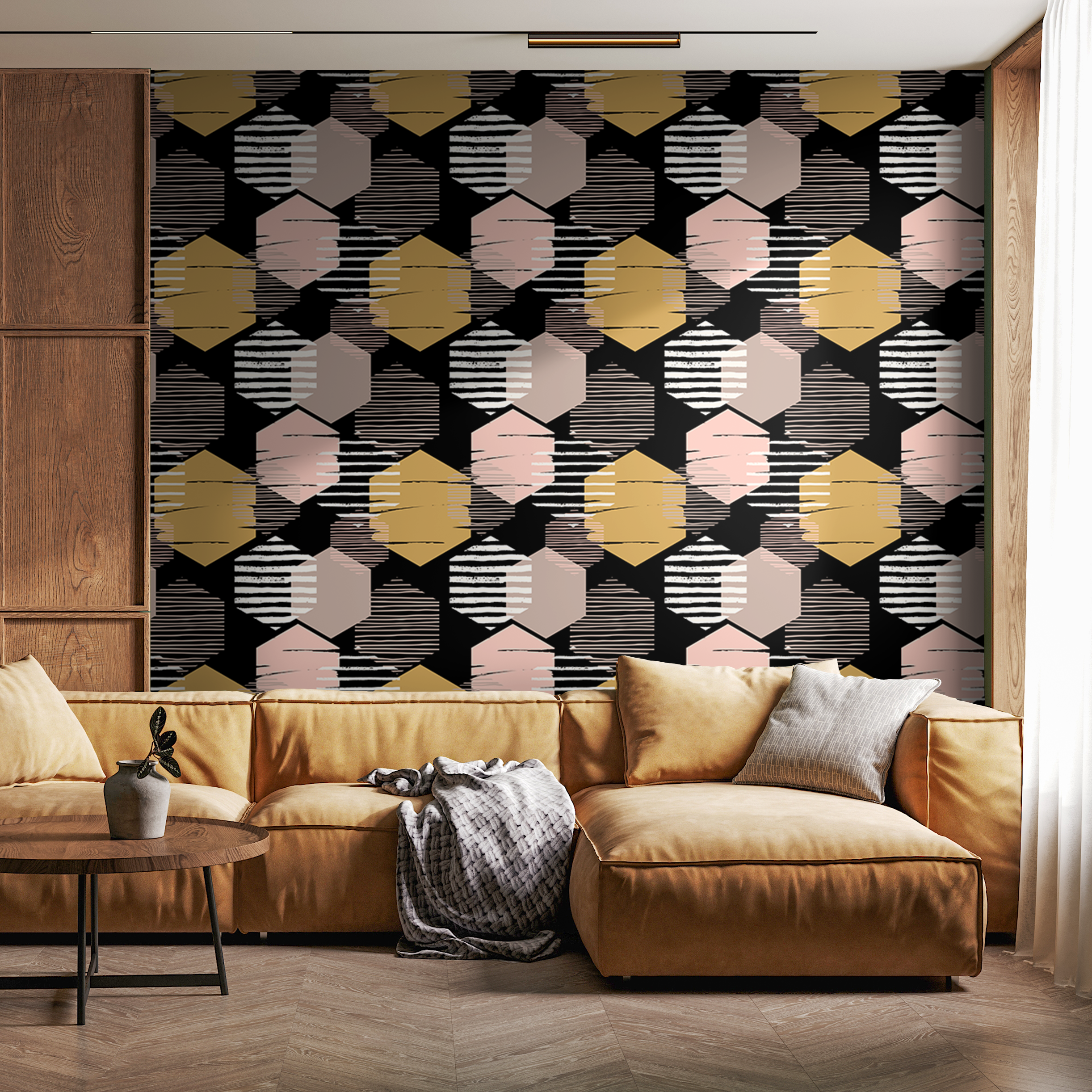 Geometric Wallpaper With Textured Hexagons In Black, Pink, And Gold - A855