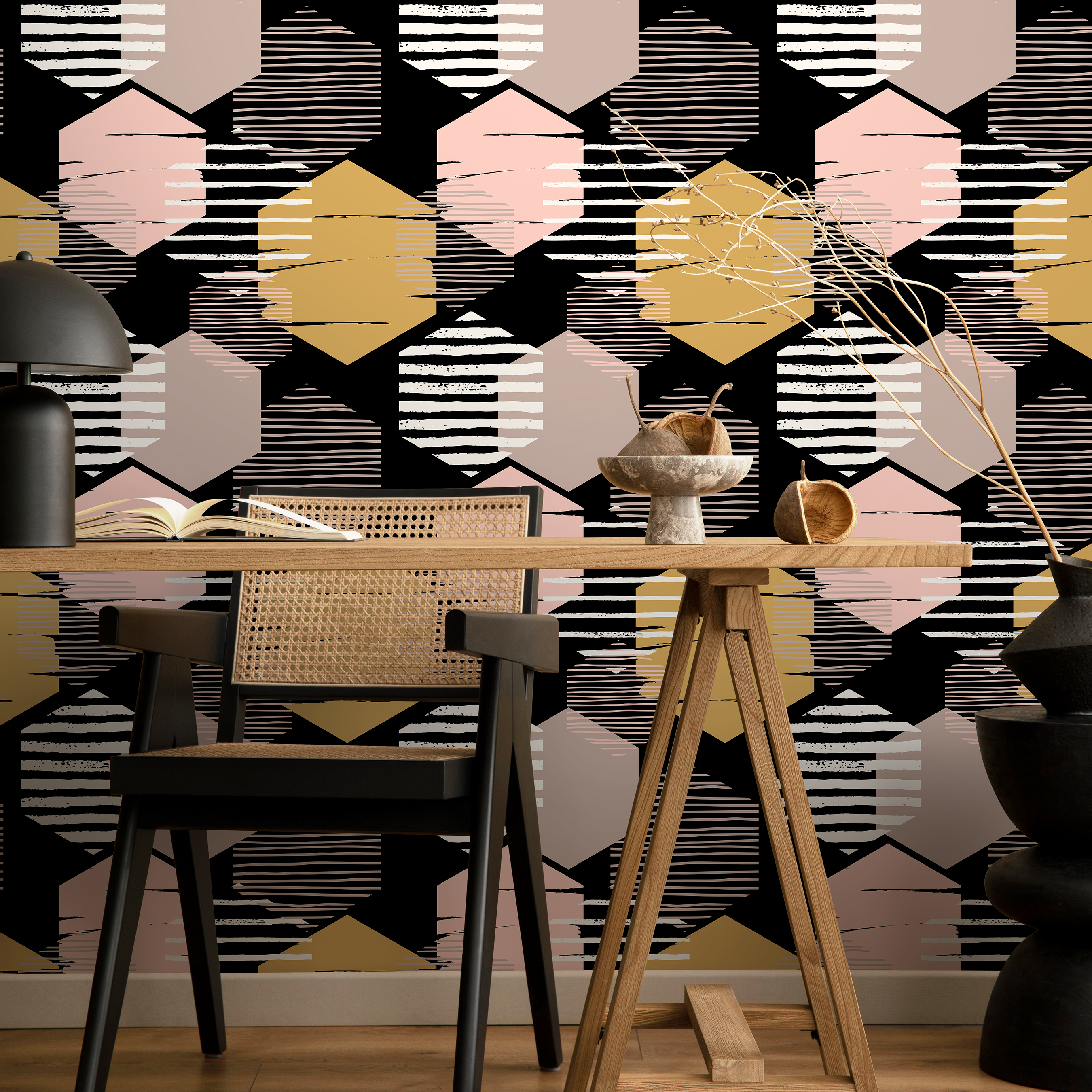 Geometric Wallpaper With Textured Hexagons In Black, Pink, And Gold - A855