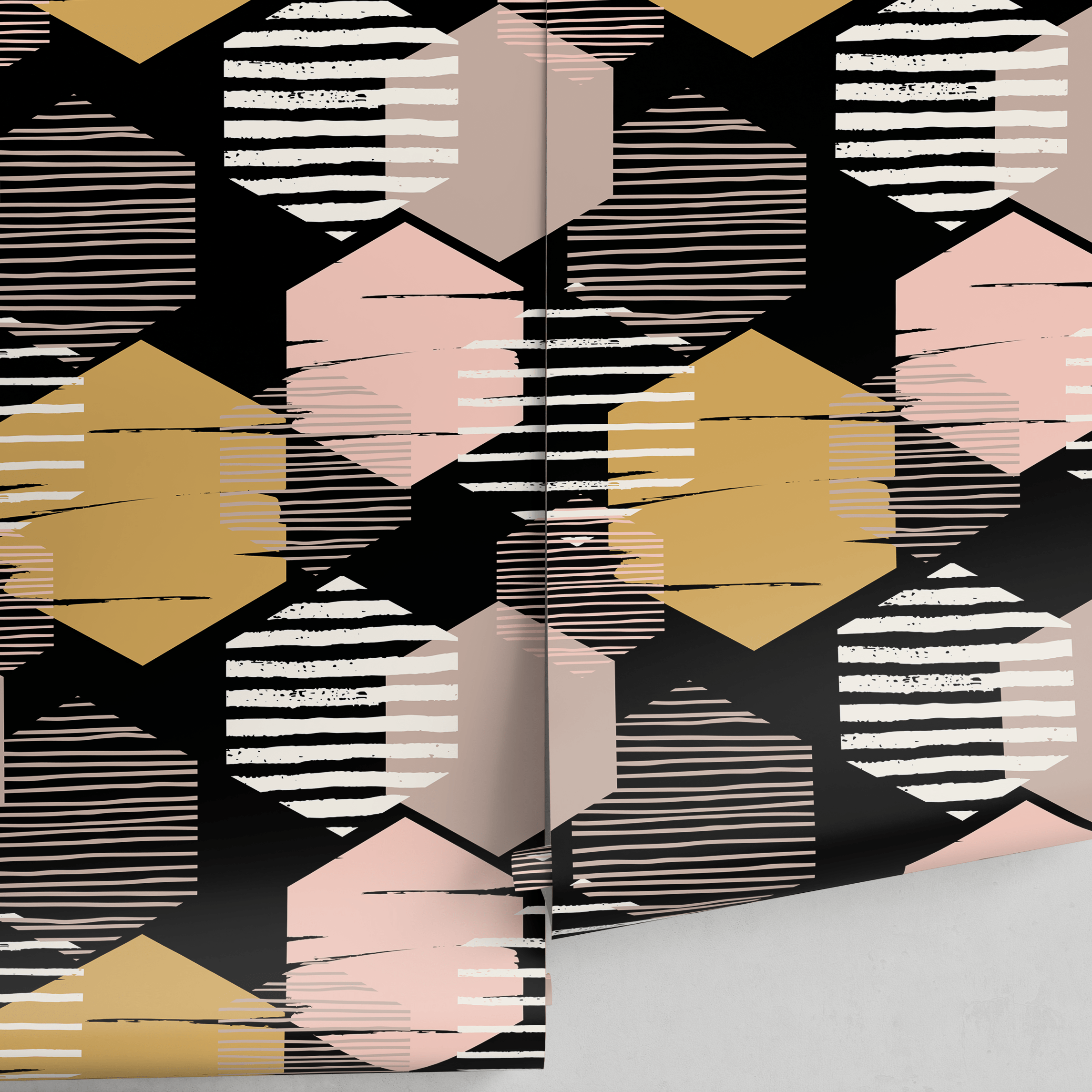 Geometric Wallpaper With Textured Hexagons In Black, Pink, And Gold - A855