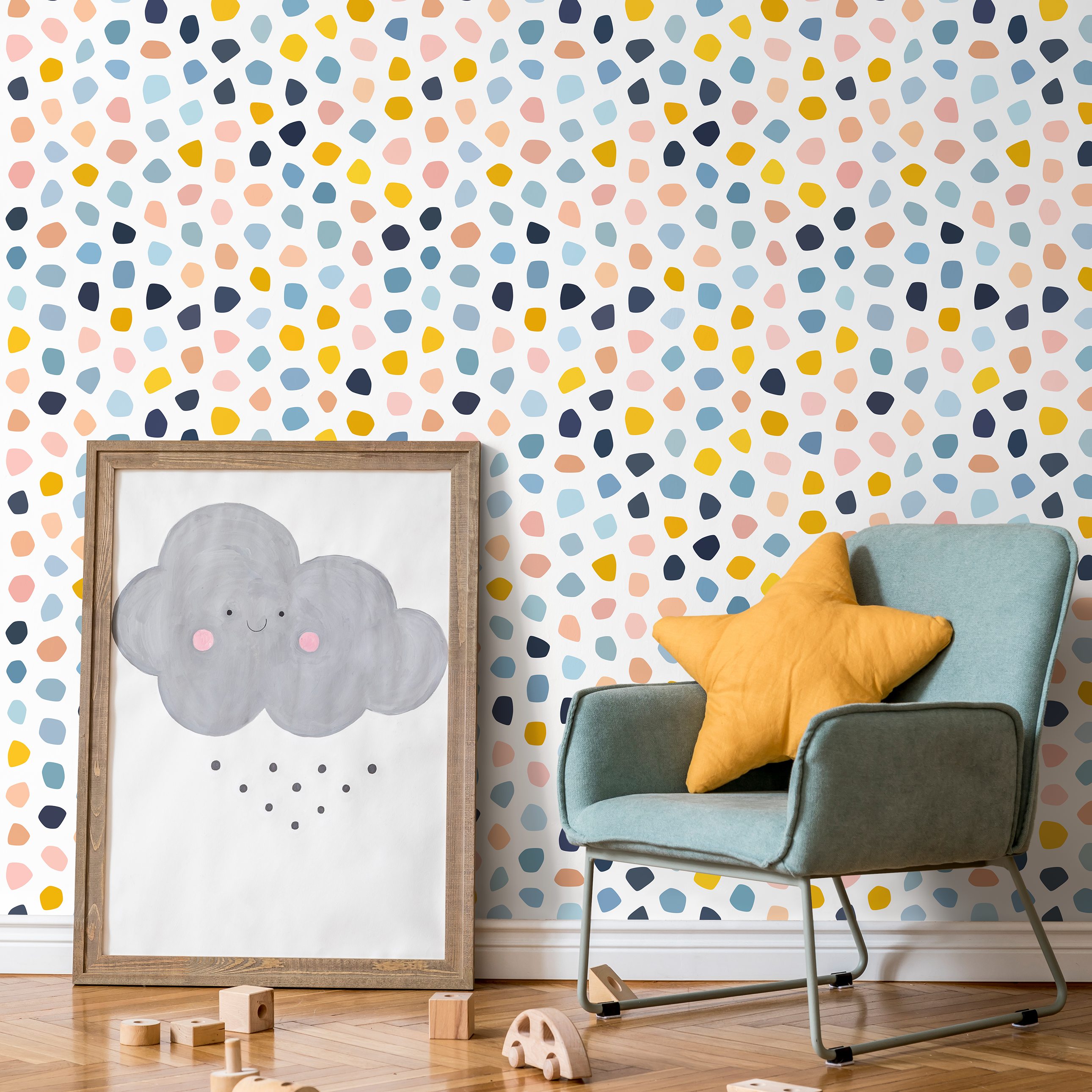 Scandinavian Wallpaper With Colorful Scattered Dots In Blue, Yellow, And Pink - A856