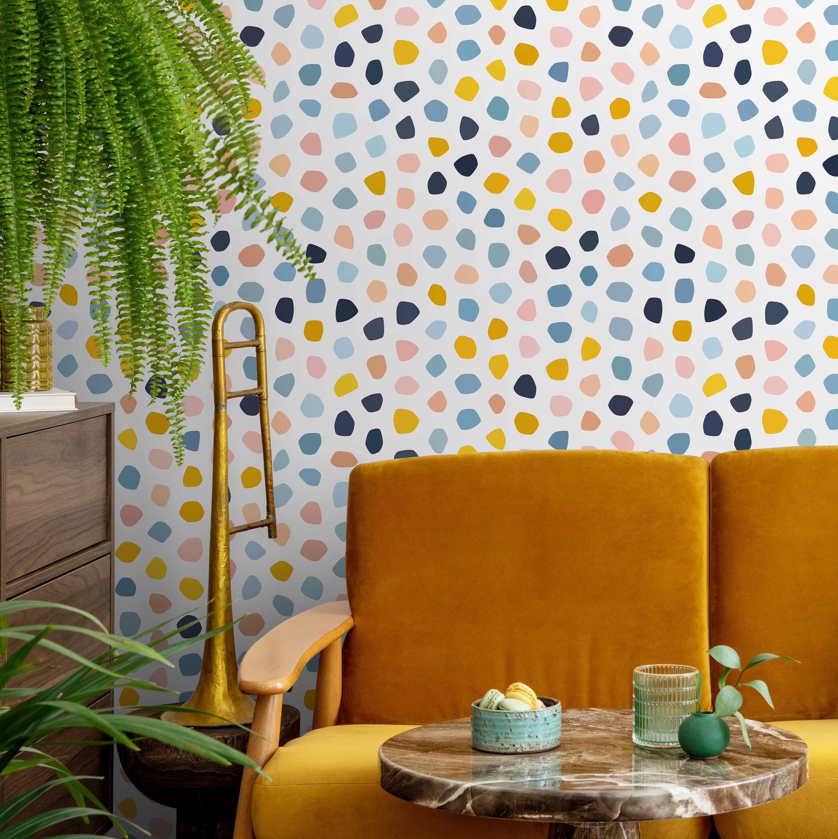Abstract Wallpaper Featuring Organic Pebble Shapes In Blue, Yellow, And Pink - A856