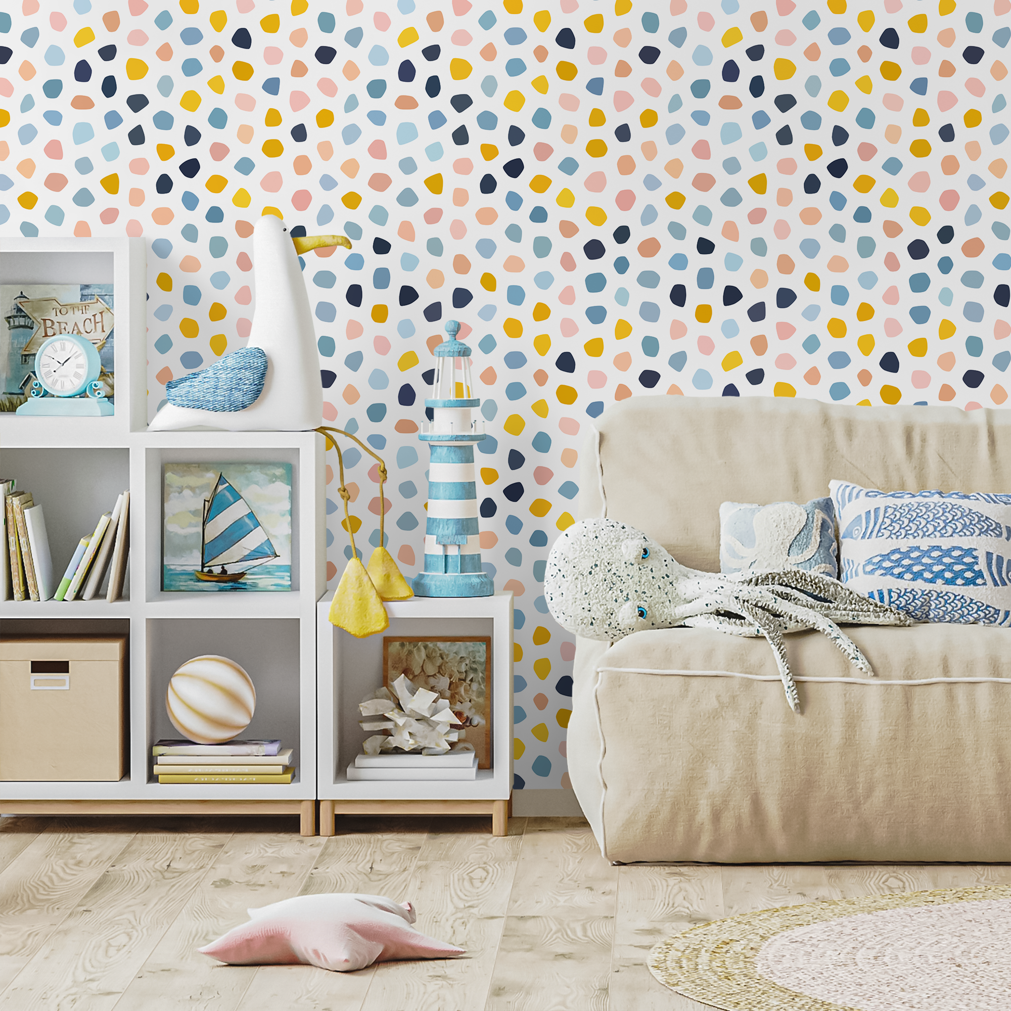 Scandinavian Wallpaper With Colorful Scattered Dots In Blue, Yellow, And Pink - A856