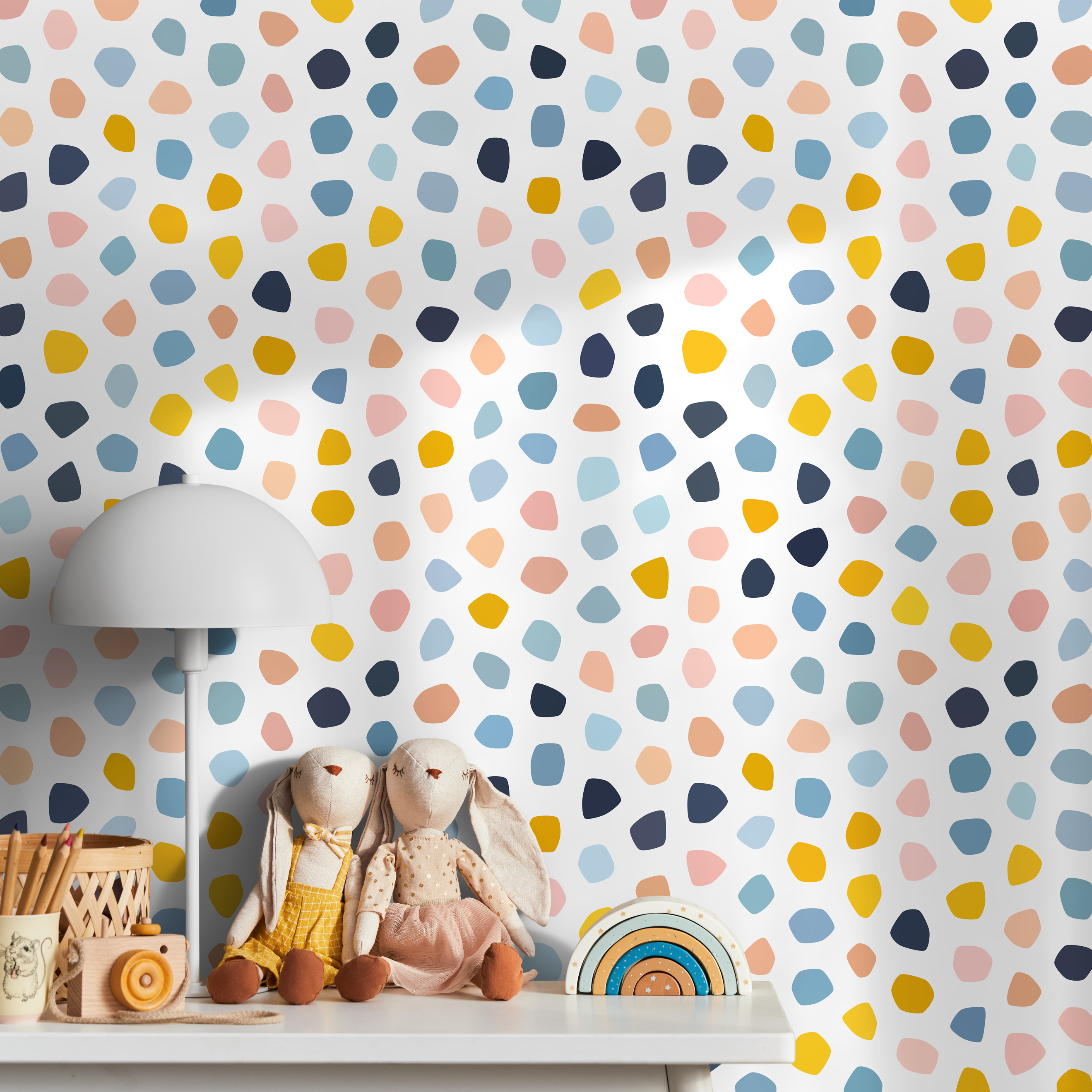 Abstract Wallpaper Featuring Organic Pebble Shapes In Blue, Yellow, And Pink - A856