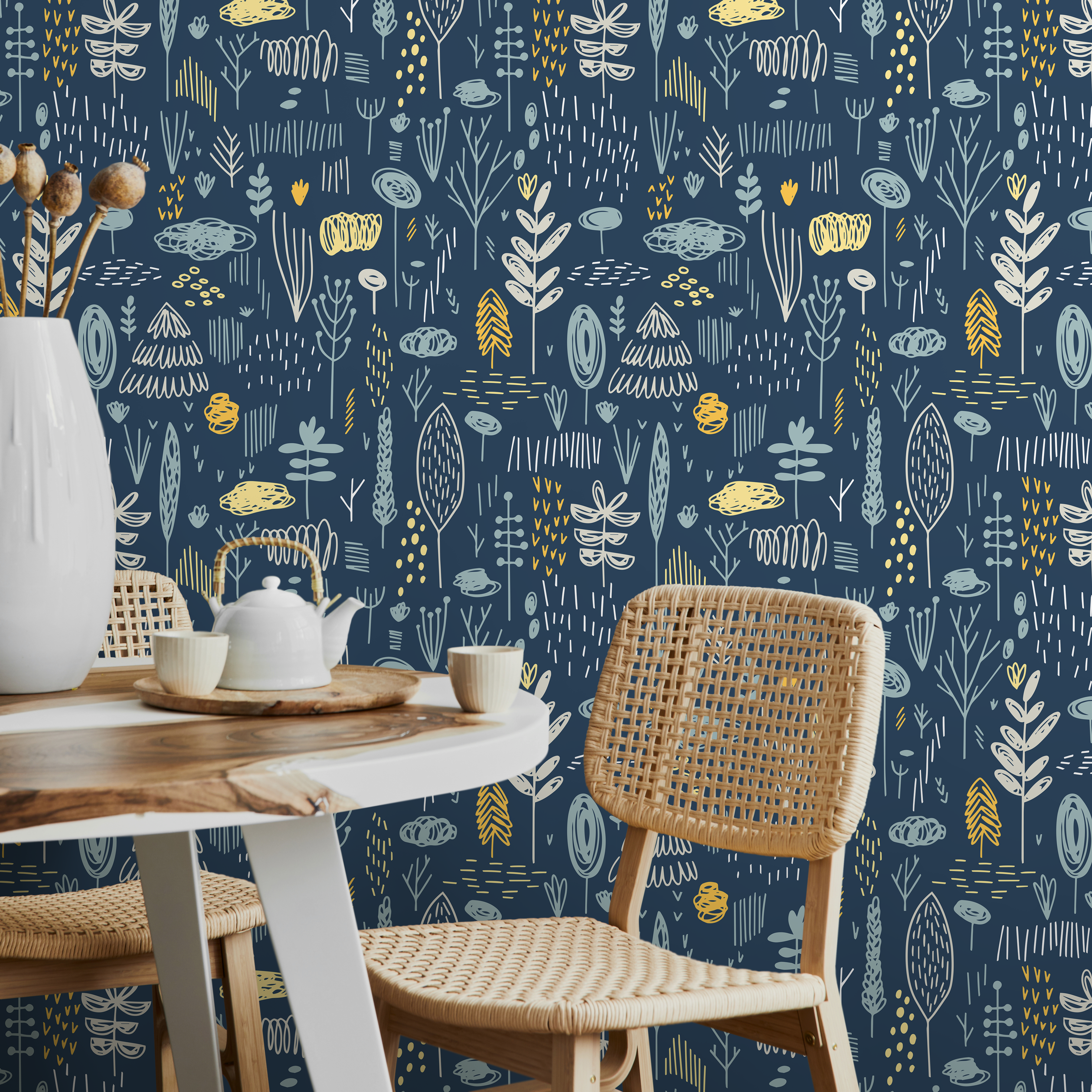 Scandinavian Wallpaper With A Folk Art Forest Motif In Blue And Yellow - A857