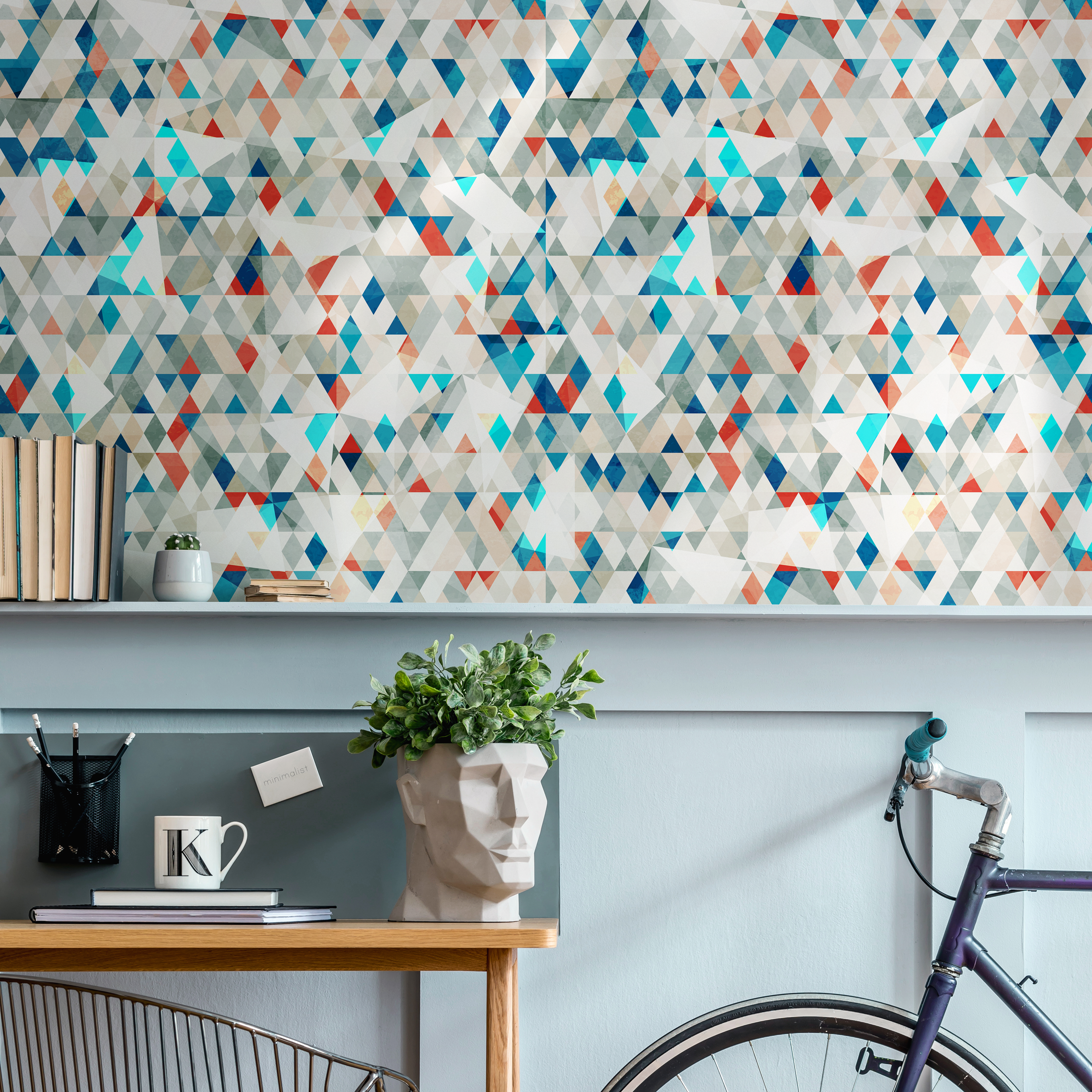 Geometric Wallpaper With A Mosaic Of Triangles In Blue, Red, And Gray - A858