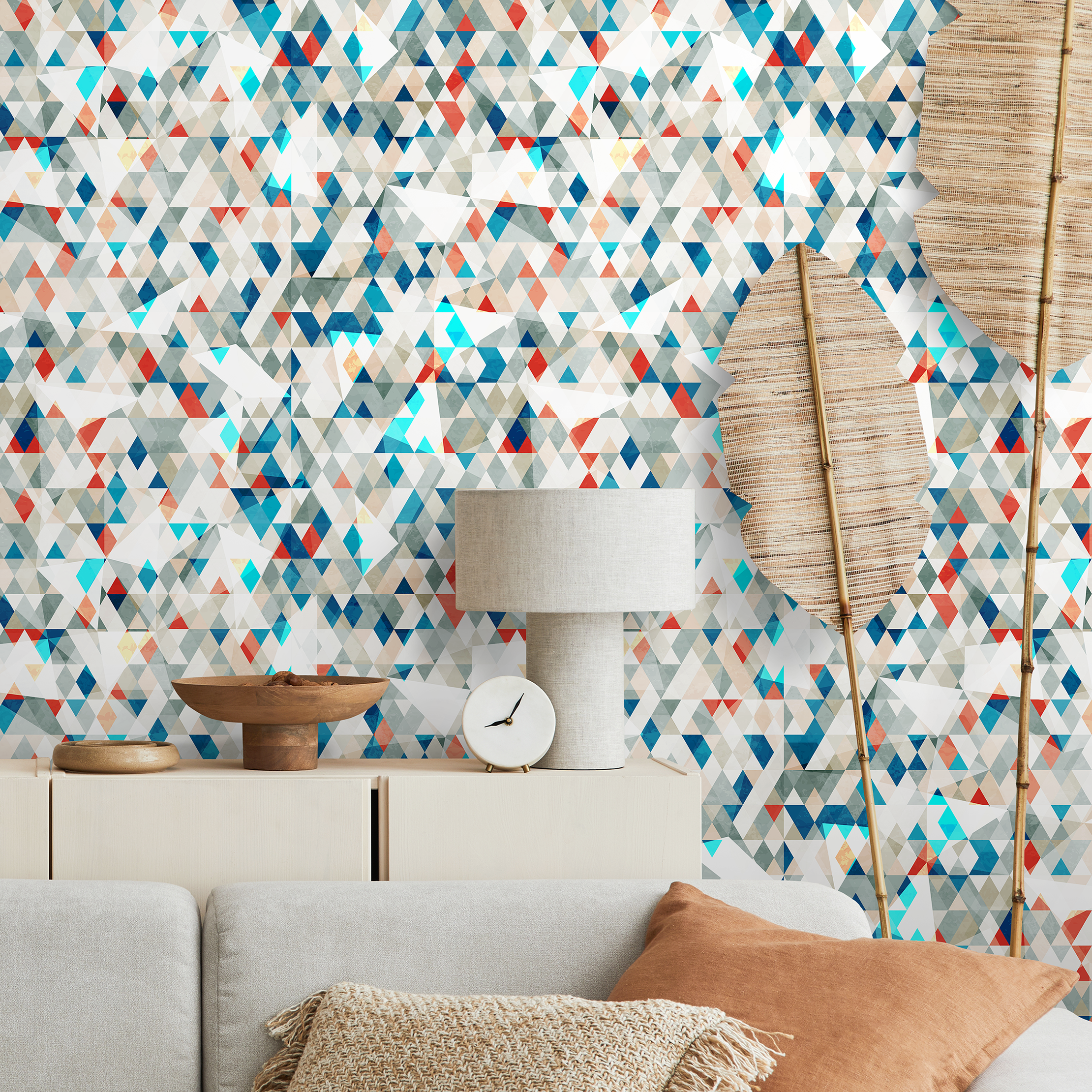 Geometric Wallpaper With A Mosaic Of Triangles In Blue, Red, And Gray - A858