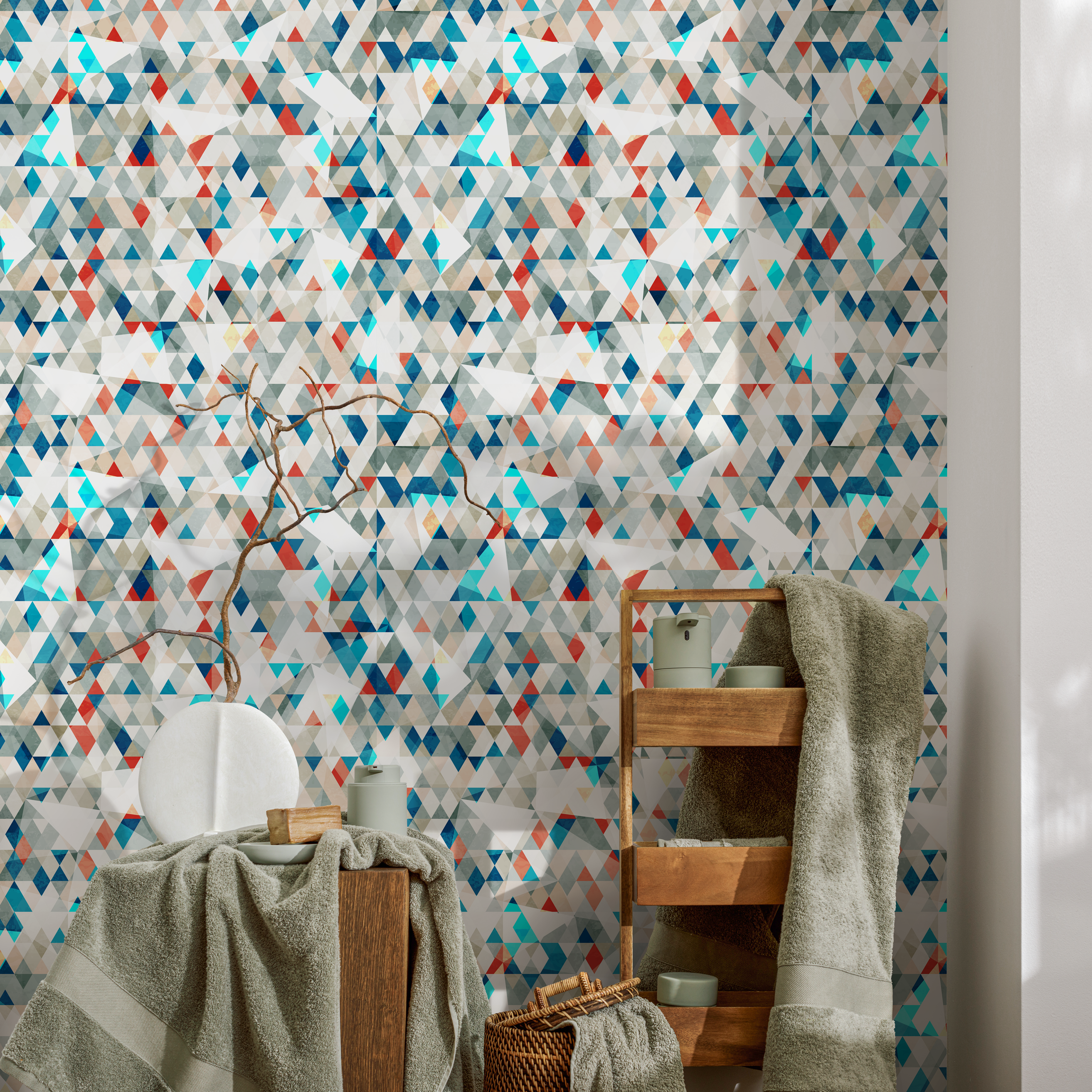Geometric Wallpaper With A Mosaic Of Triangles In Blue, Red, And Gray - A858