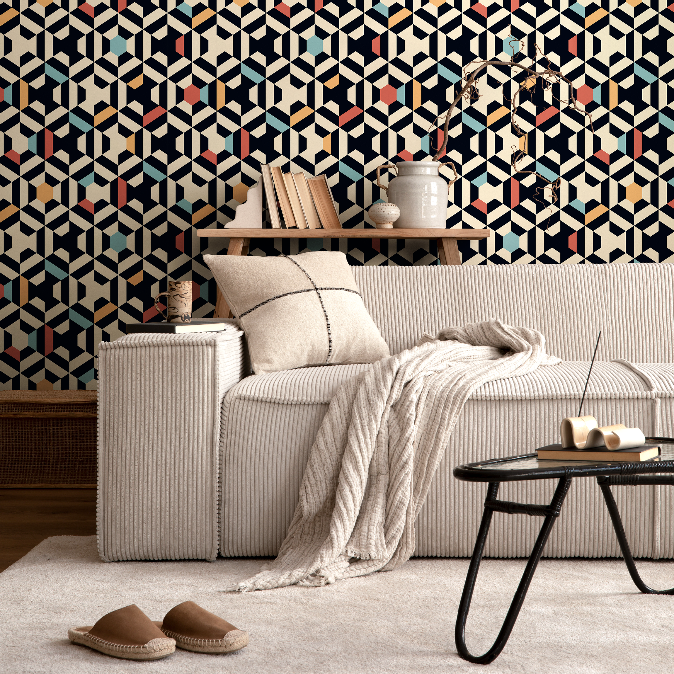 Geometric Wallpaper With A 3d Cube Motif In Black, Blue, And Orange - A859