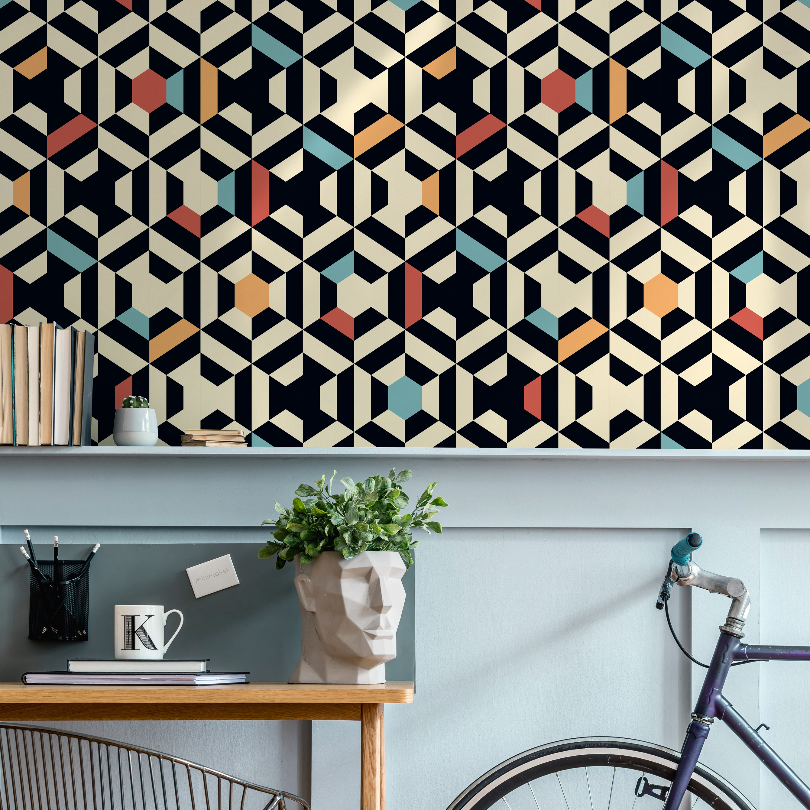 Geometric Wallpaper With A 3d Cube Motif In Black, Blue, And Orange - A859