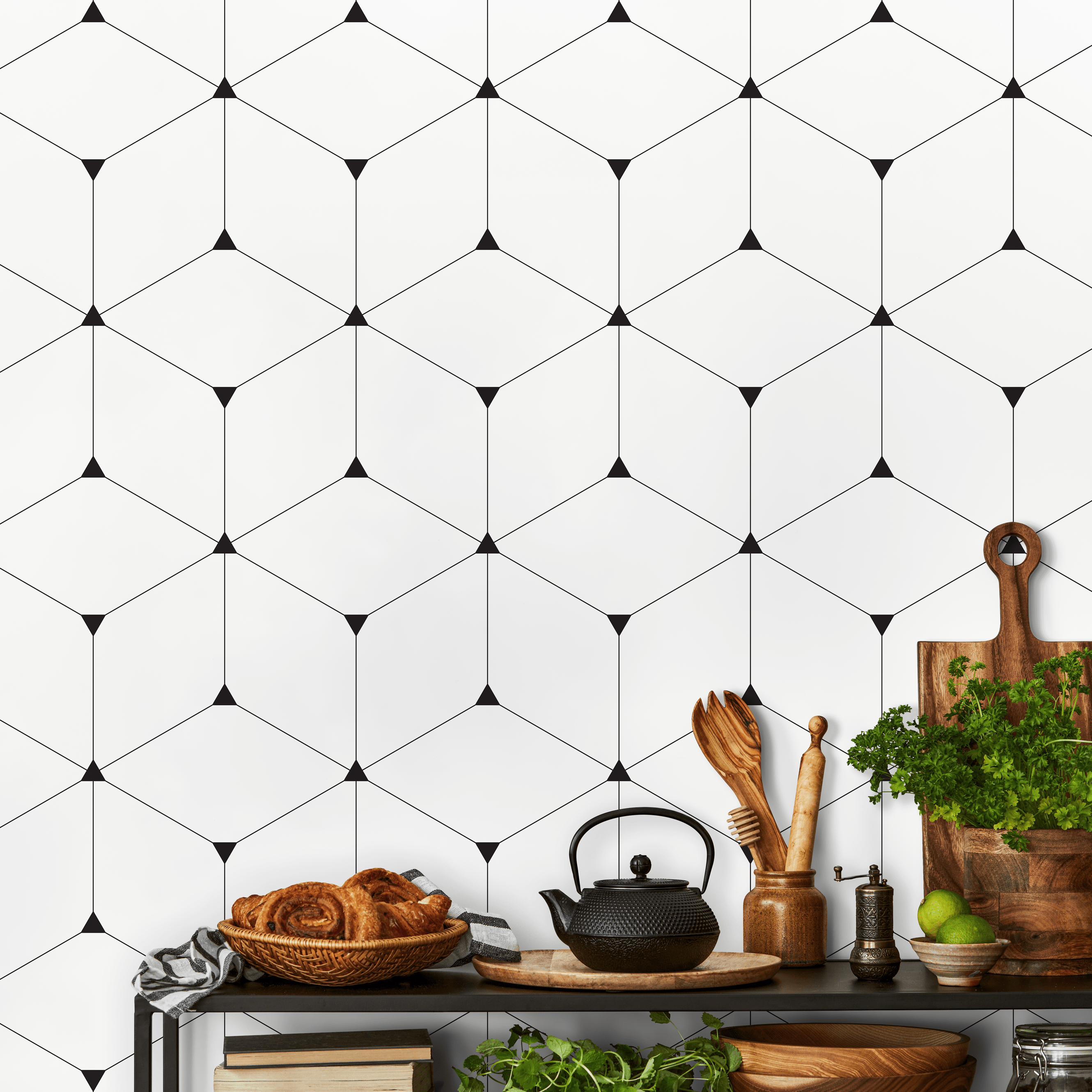 Geometric Wallpaper With A Repeating Cube Motif In Black And White - A862