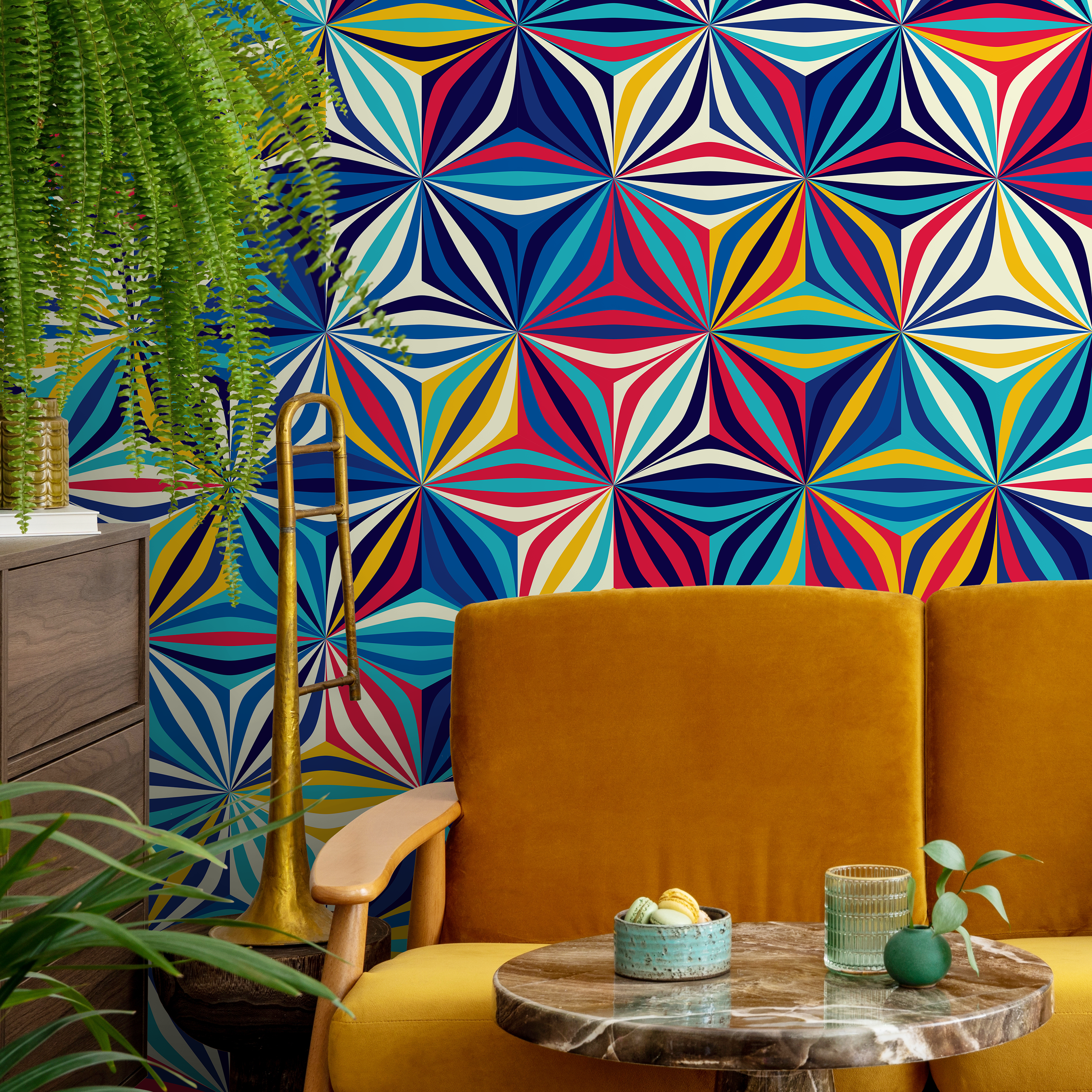 Geometric Wallpaper With A Kaleidoscopic Motif In Blue, Red, And Yellow - A865