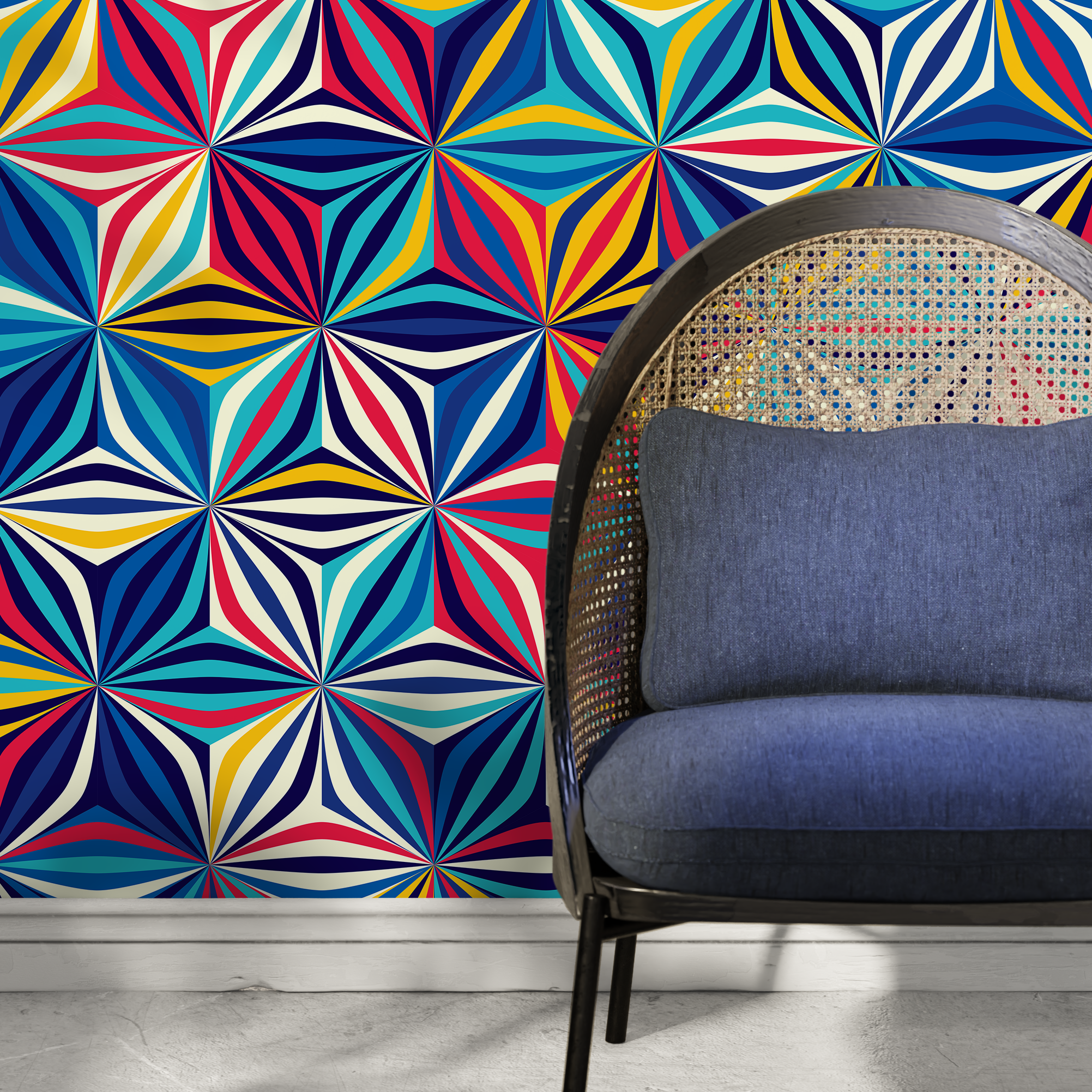 Geometric Wallpaper With A Kaleidoscopic Motif In Blue, Red, And Yellow - A865