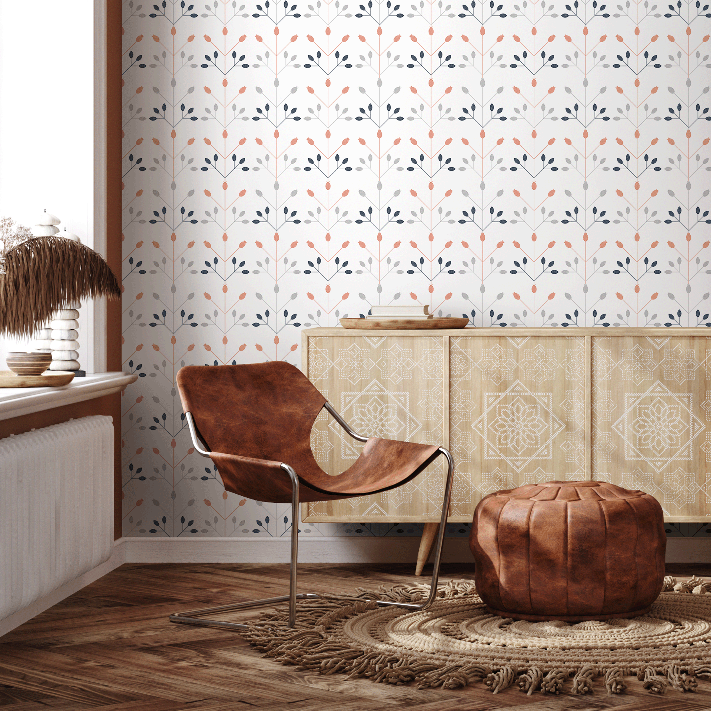Scandinavian Wallpaper With A Geometric Floral Motif In Coral, Blue, And Gray - A873